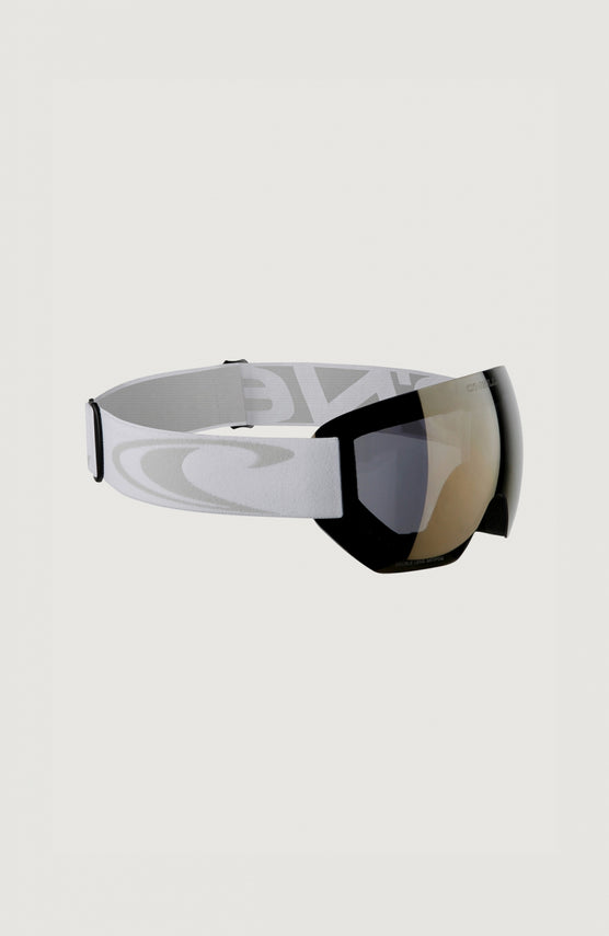 O'Neill Core Snow Goggles Skibrille, weiß, freigestellt von schräg vorne, mit getönter Scheibe und Brillenband