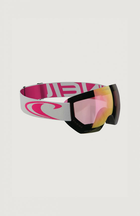 O'Neill Core Snow Goggles Skibrille, weiß mit Logo-Print in Pink, freigestellt von schräg vorne