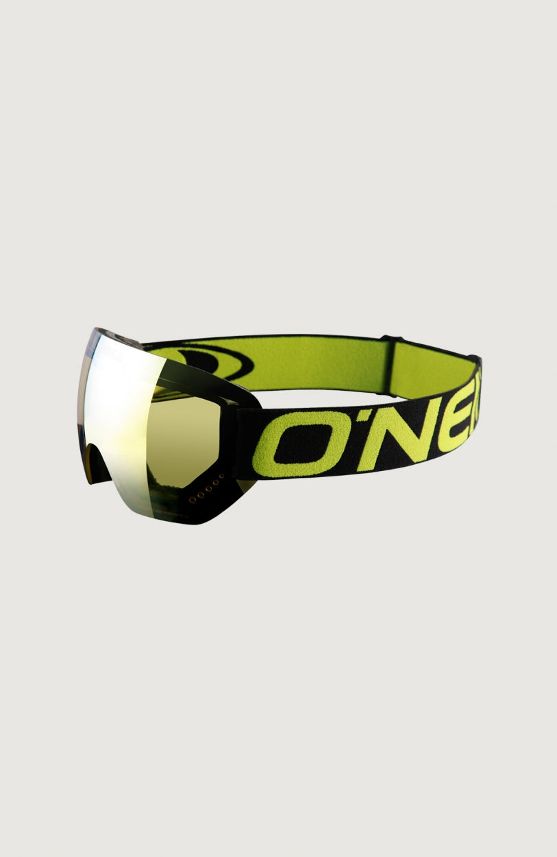 Core Snow Goggles Skibrille, schwarz, freigestellt von der Seite, Brillenband mit großem Logo-Schriftzug
