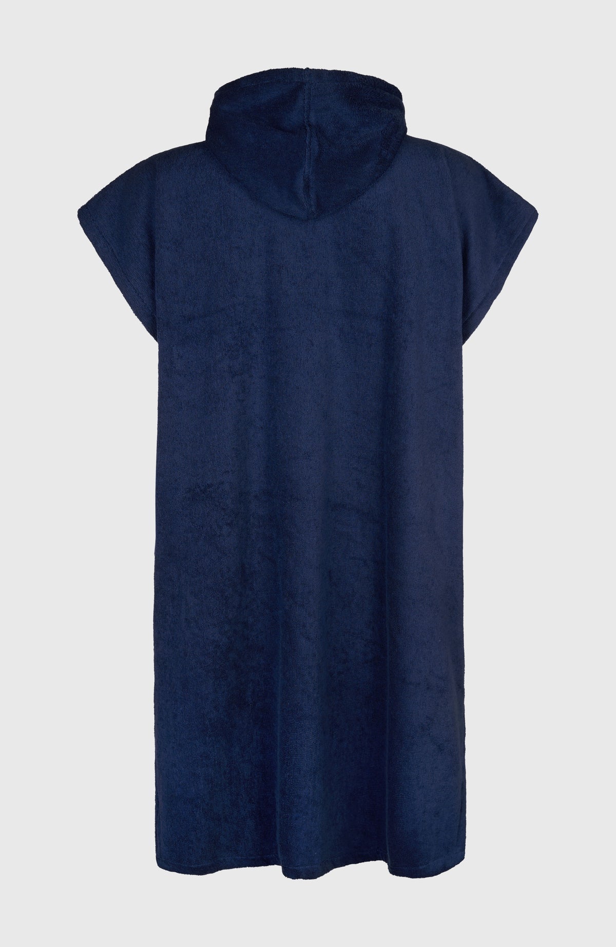 O'Riginals Poncho-Handtuch für Herren, blau mit Logo-Stickerei in Weiß, flach liegend von hinten mit Kapuze