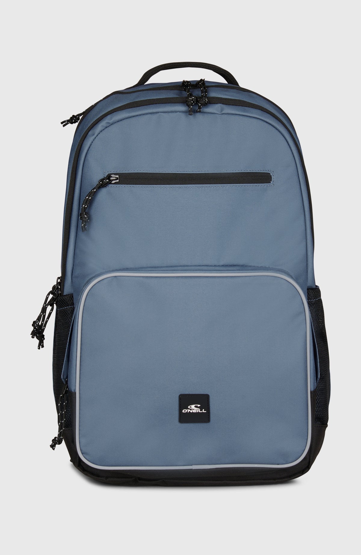 O'Neill President Rucksack für Herren, blau, freigestellt von vorne mit Reißverschlussfächern und Logo-Patch