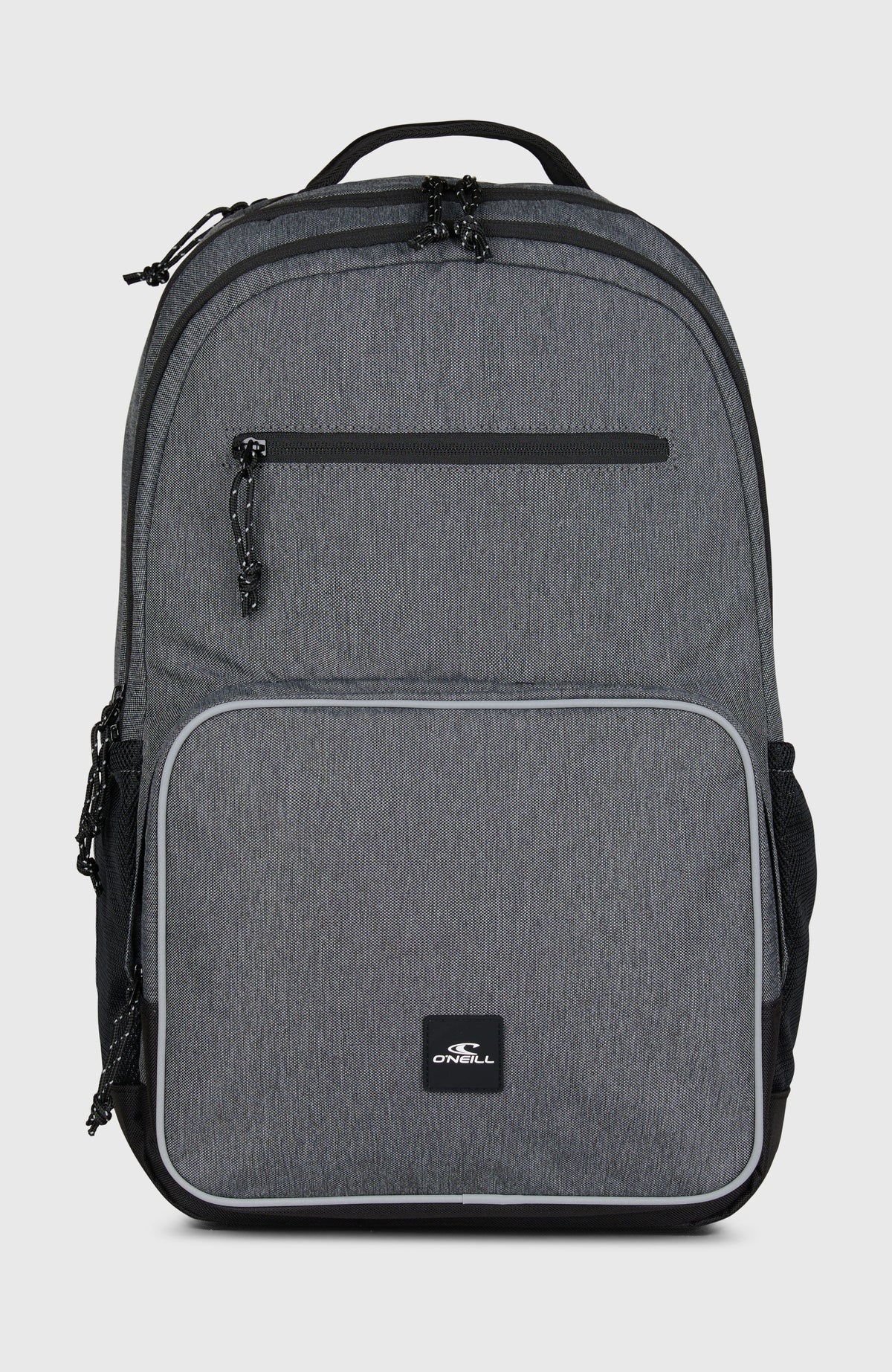 O'Neill President Rucksack für Herren in Grau, freigestellt von vorne mit Reißverschlussfächern