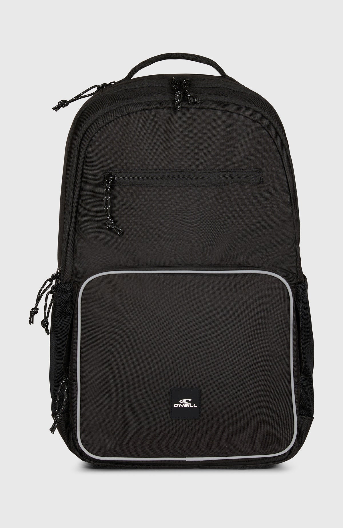 O'Neill President Rucksack für Herren, schwarz, freigestellt von vorne mit Reißverschluss-Fronttasche