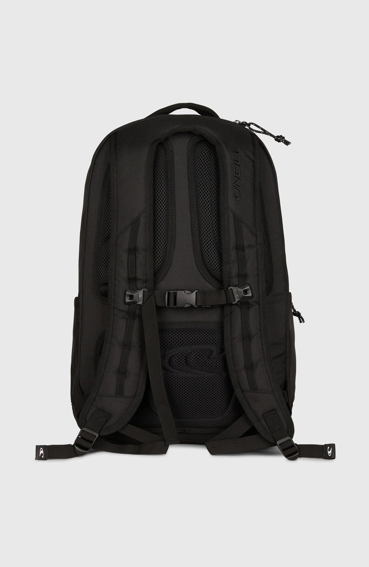 President Rucksack für Herren, schwarz, freigestellt von hinten mit gepolsterten Trägern und Brustgurt