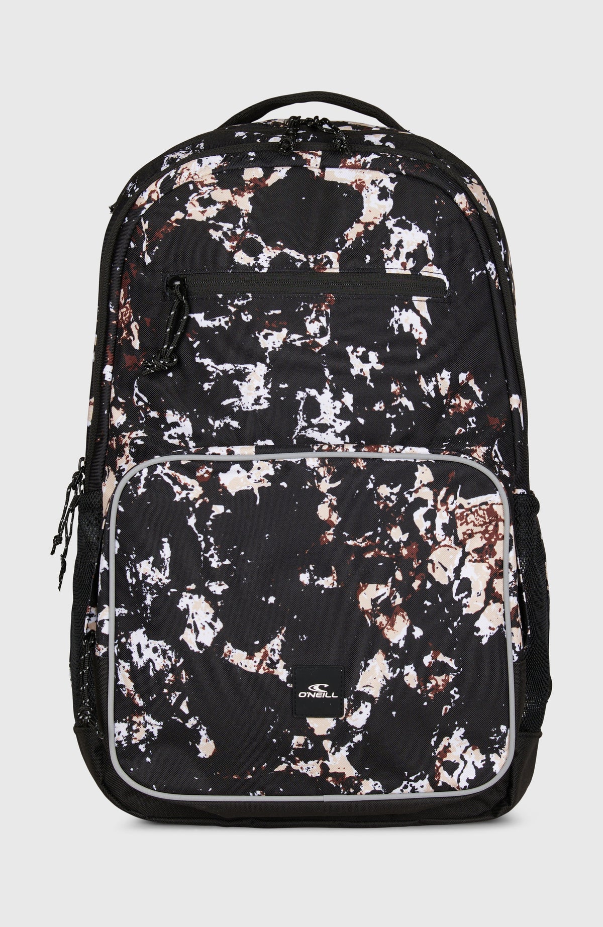 O'Neill President Rucksack für Herren, schwarz mit Marmormuster in Beige und Weiß, freigestellt von vorne