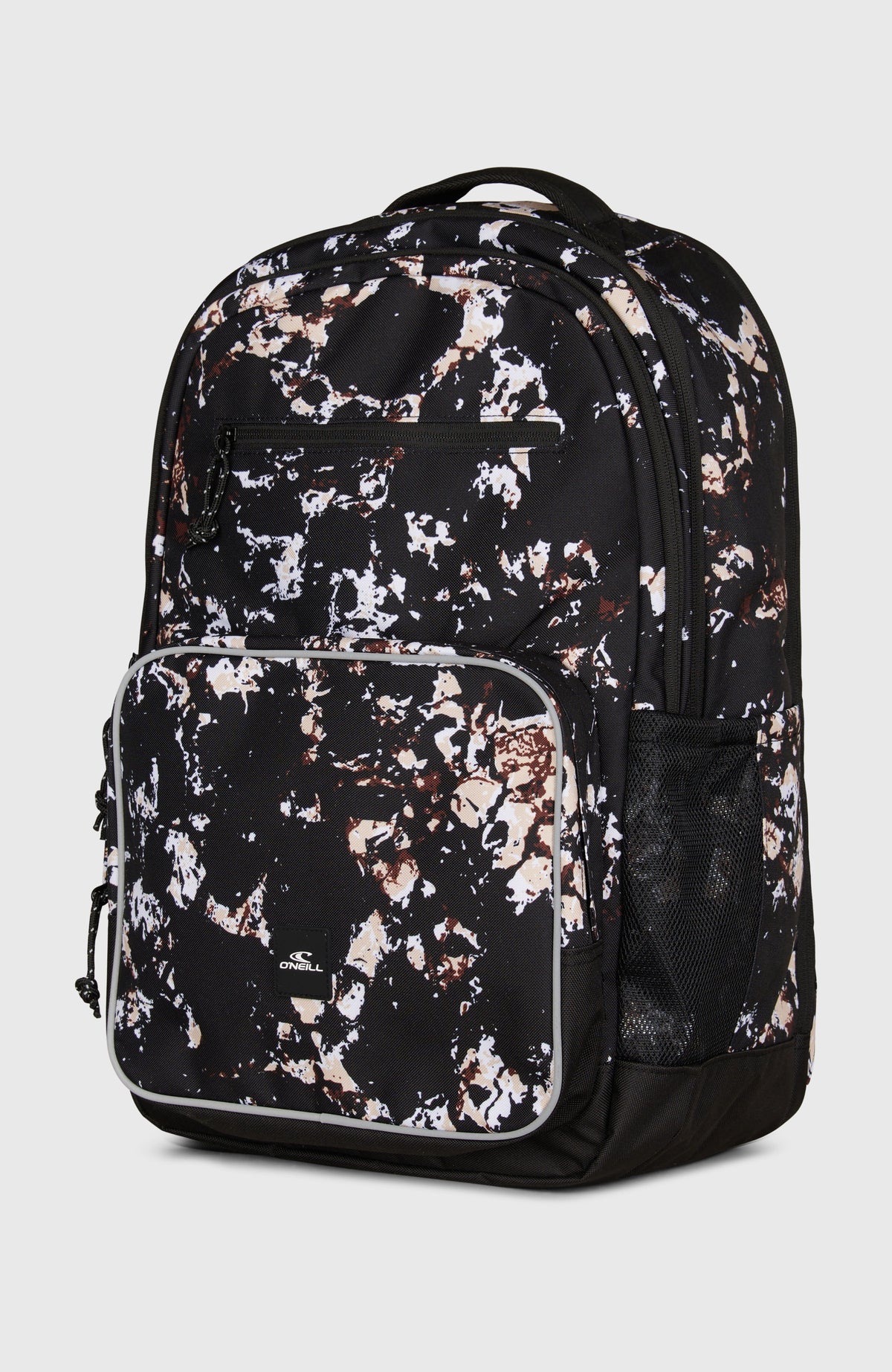 President Rucksack für Herren, schwarz mit Marmormuster, freigestellt von der Seite, mit seitlicher Netztasche