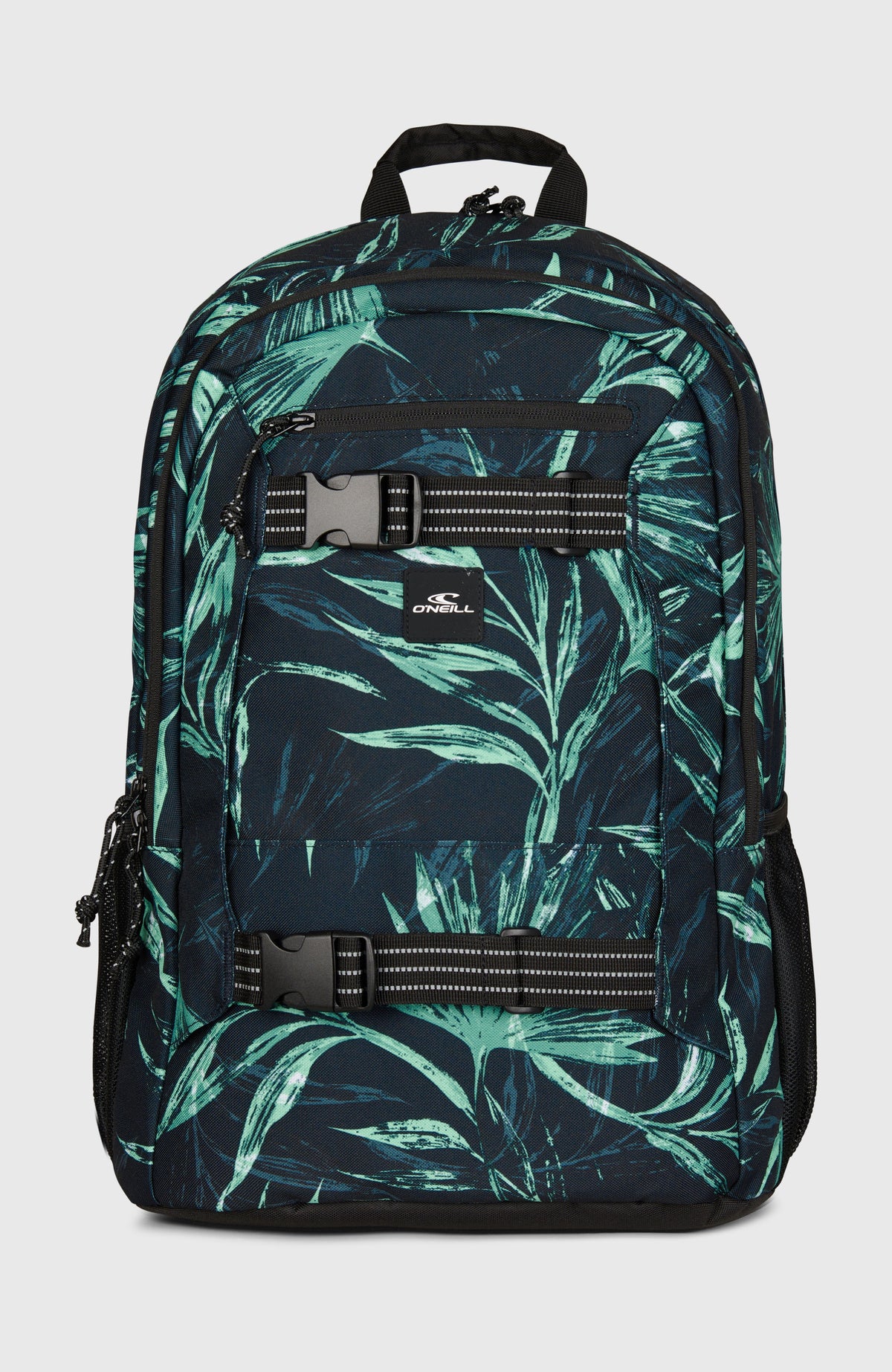 O'Neill Boarder Rucksack für Herren, blau mit Palmenmuster in Grün, freigestellt von vorne