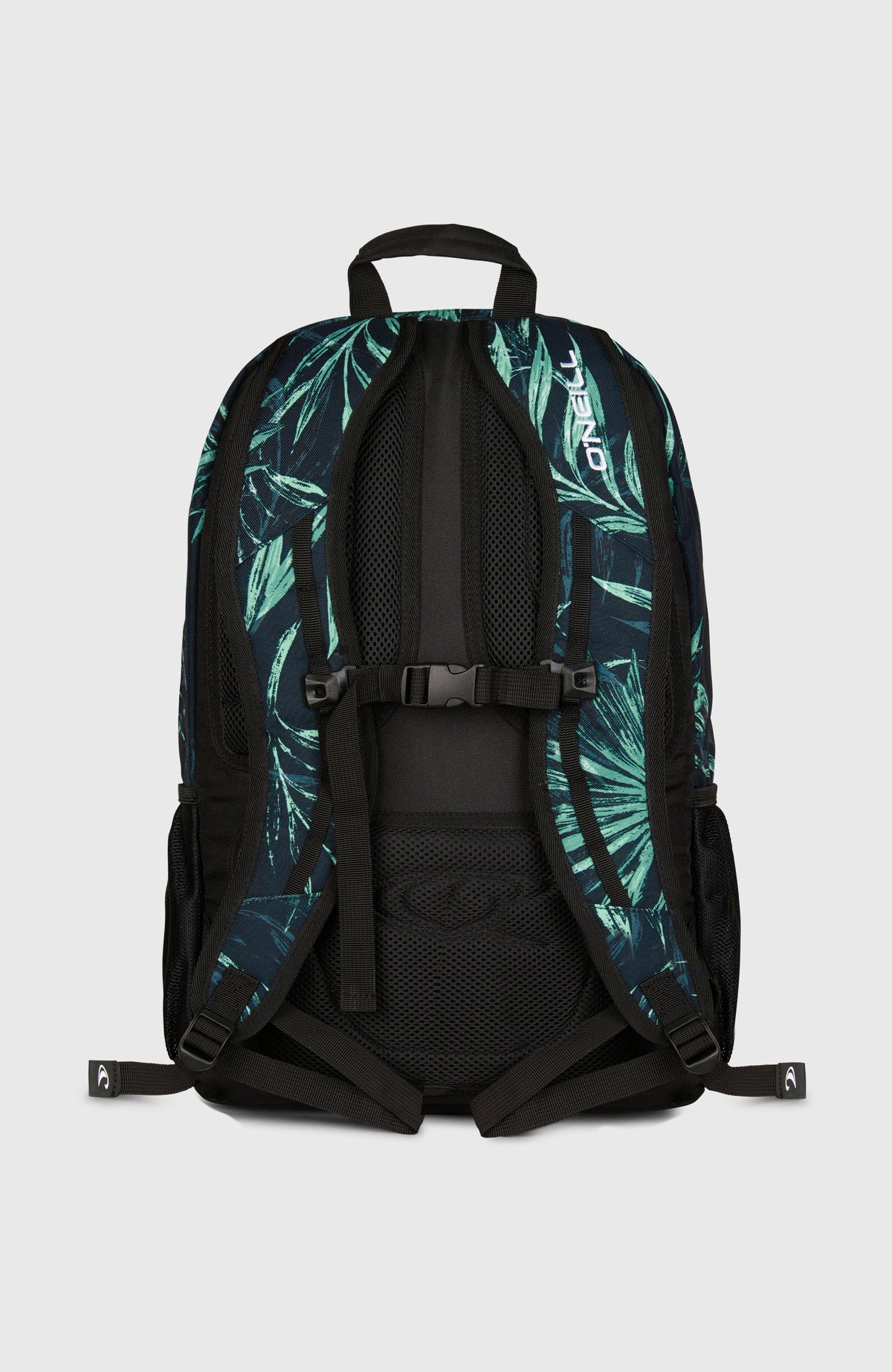 Boarder Rucksack für Herren, blau mit Palmenmuster in Grün, freigestellt von hinten mit Schultergurten