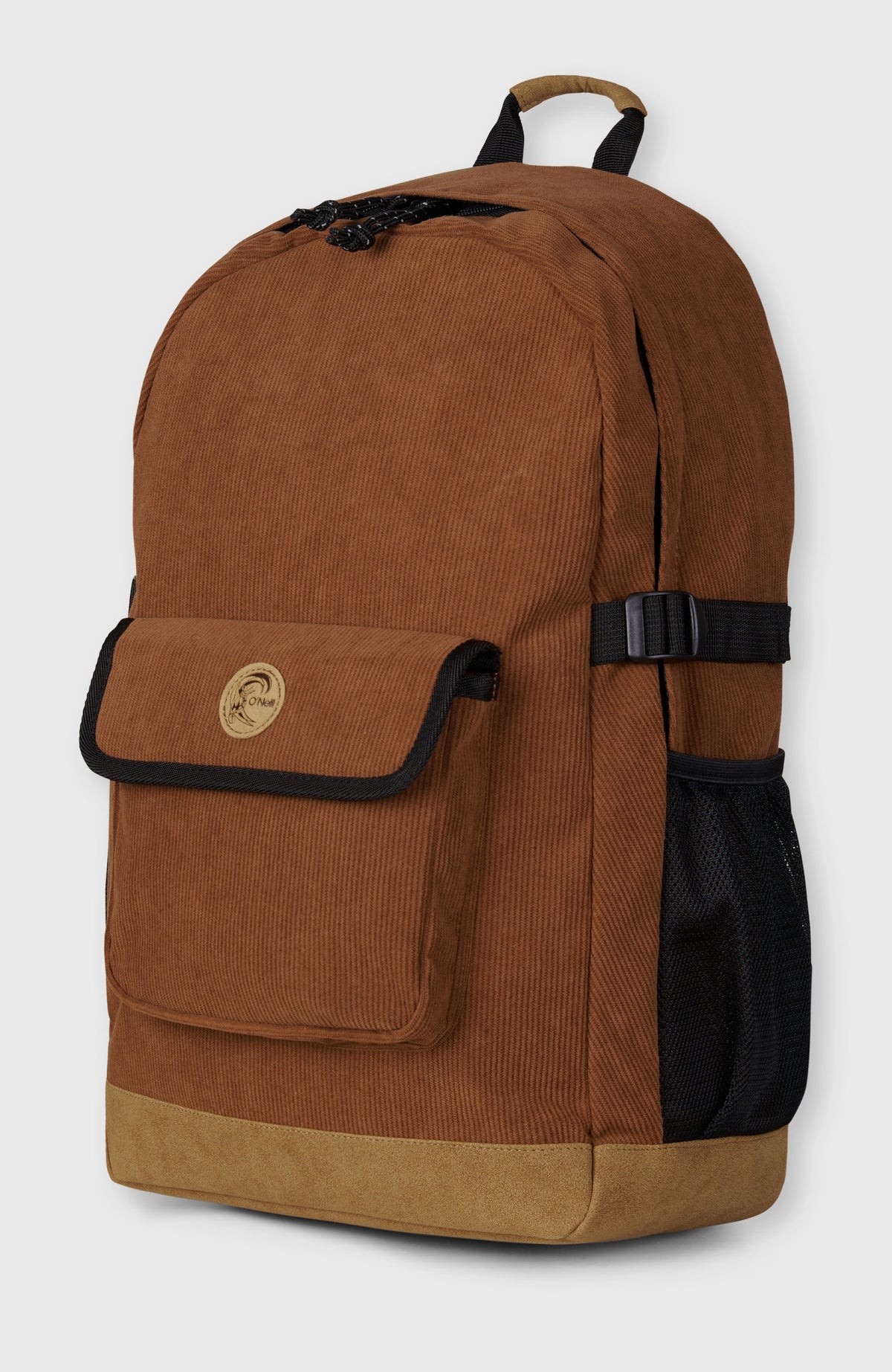 O'Riginals Rucksack, braun, freigestellt von schräg vorne mit seitlicher Einstecktasche und Spanngurt