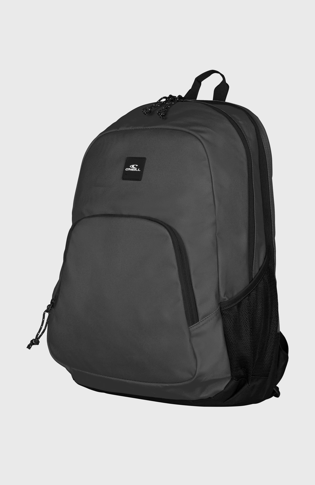 Wedge Rucksack für Herren, grau, freigestellt von schräg vorne mit elastischer Netztasche an der Seite