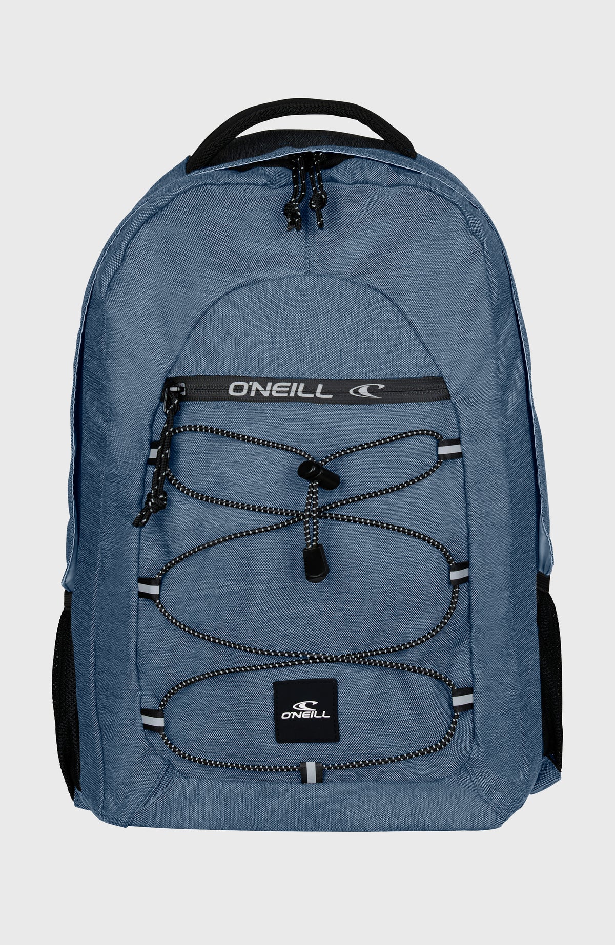 O'Neill Kleiner Boarder Rucksack für Herren in Blau, freigestellt in Vorderansicht mit Kordelzug und Logo-Patch