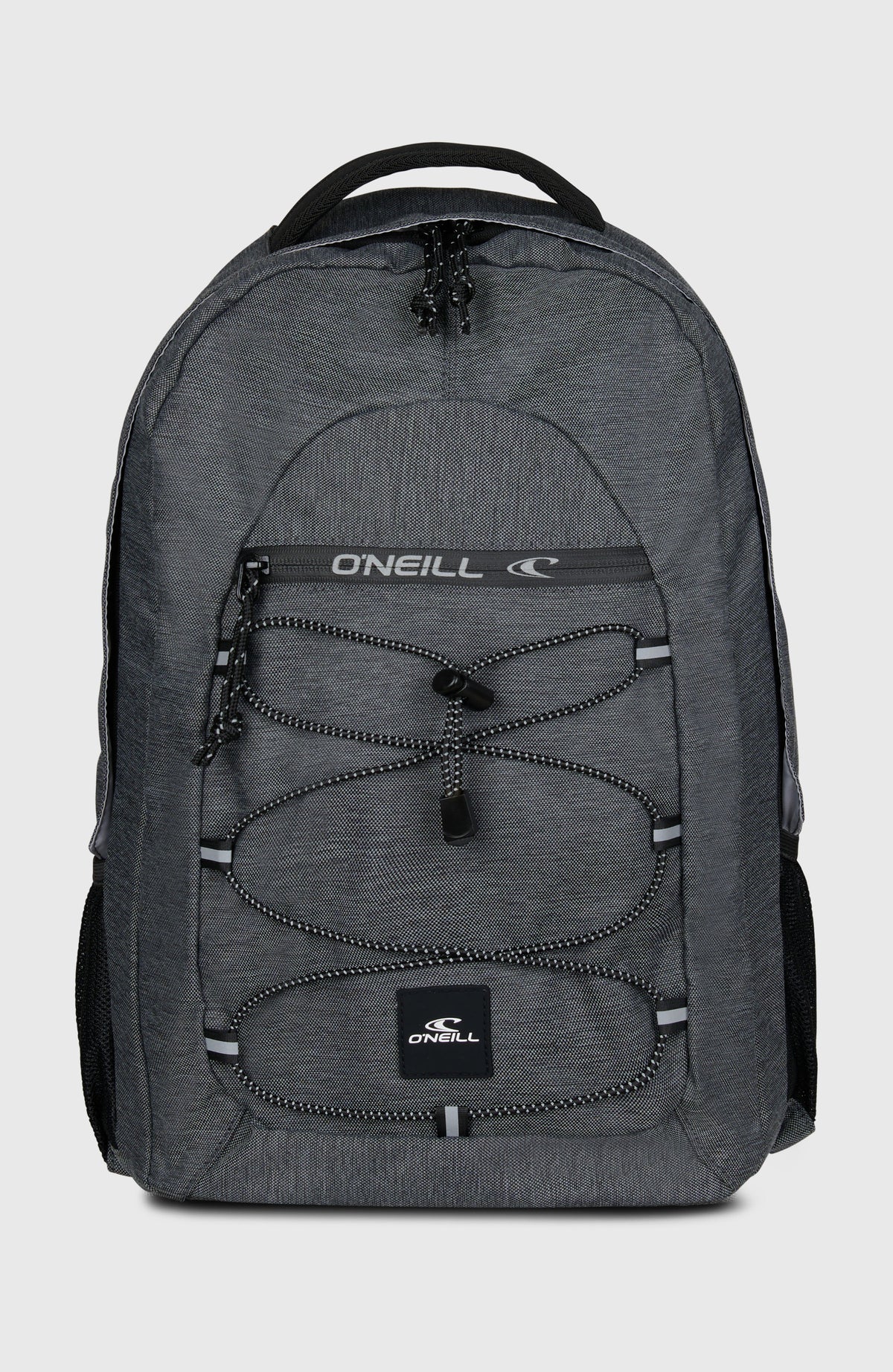 O'Neill Kleiner Boarder Rucksack für Herren, grau, freigestellt von vorne mit elastischem Kordelzug und Logo