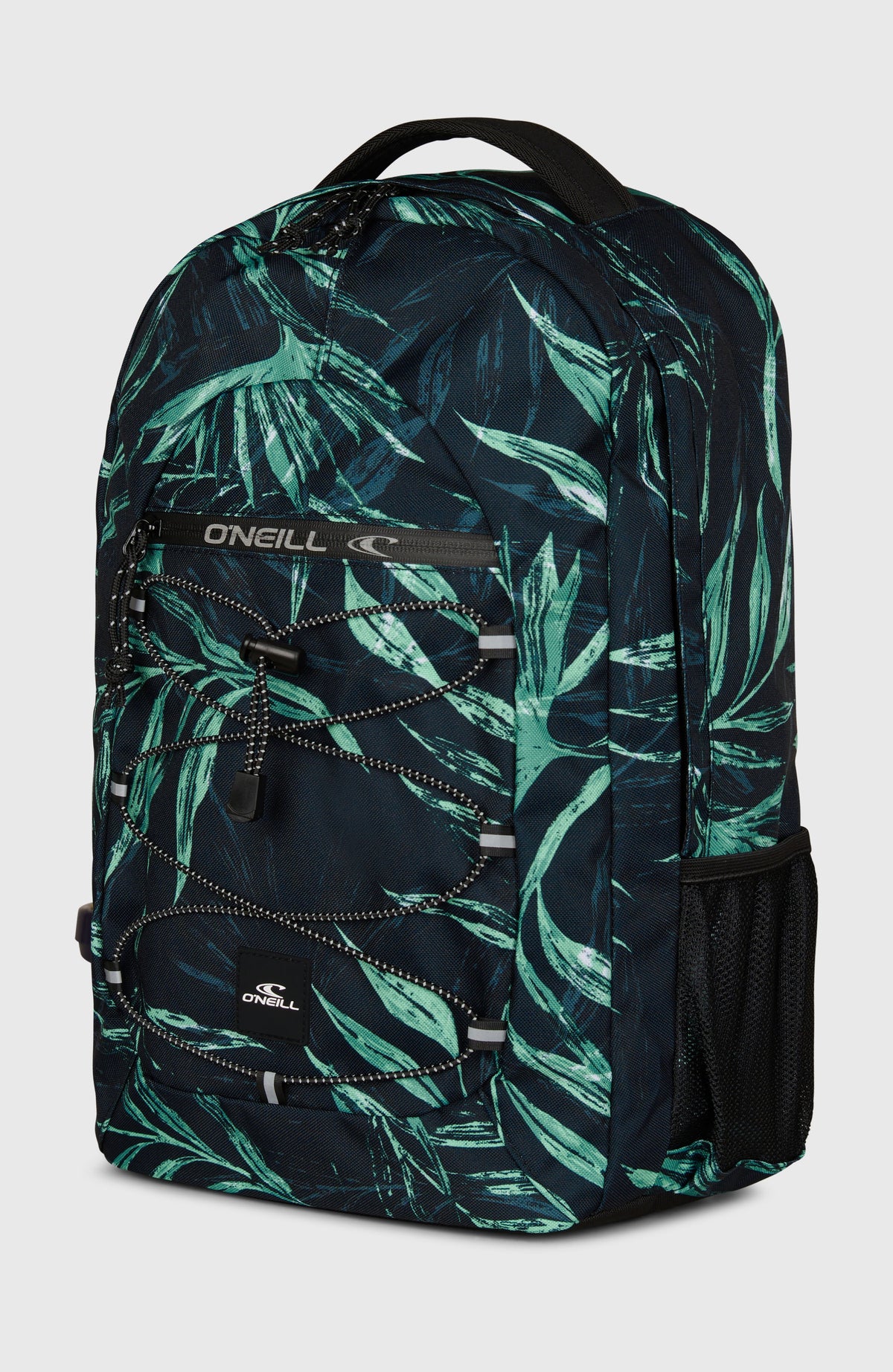 Kleiner Boarder Rucksack für Herren, blau mit Palmenmuster in Grün, Schrägansicht mit seitlicher Netztasche