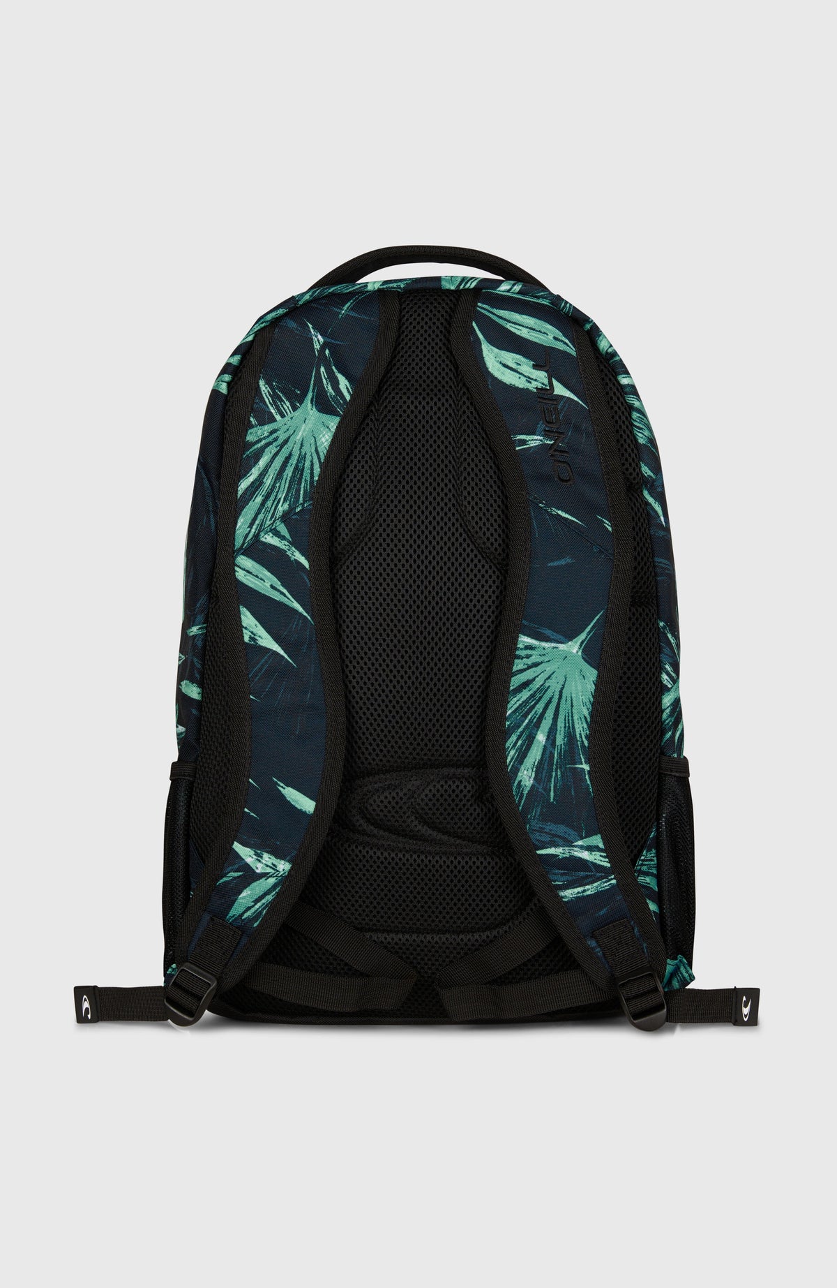 Kleiner Boarder Rucksack für Herren, blau mit Palmenmuster in Grün, Rückansicht mit Schultergurten
