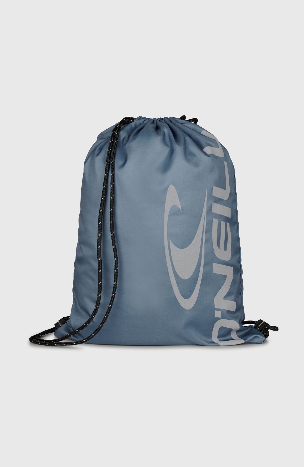 O'Neill Turnbeutel für Herren, blau mit Logo-Print in Grau, freigestellt von vorne mit Kordelzug