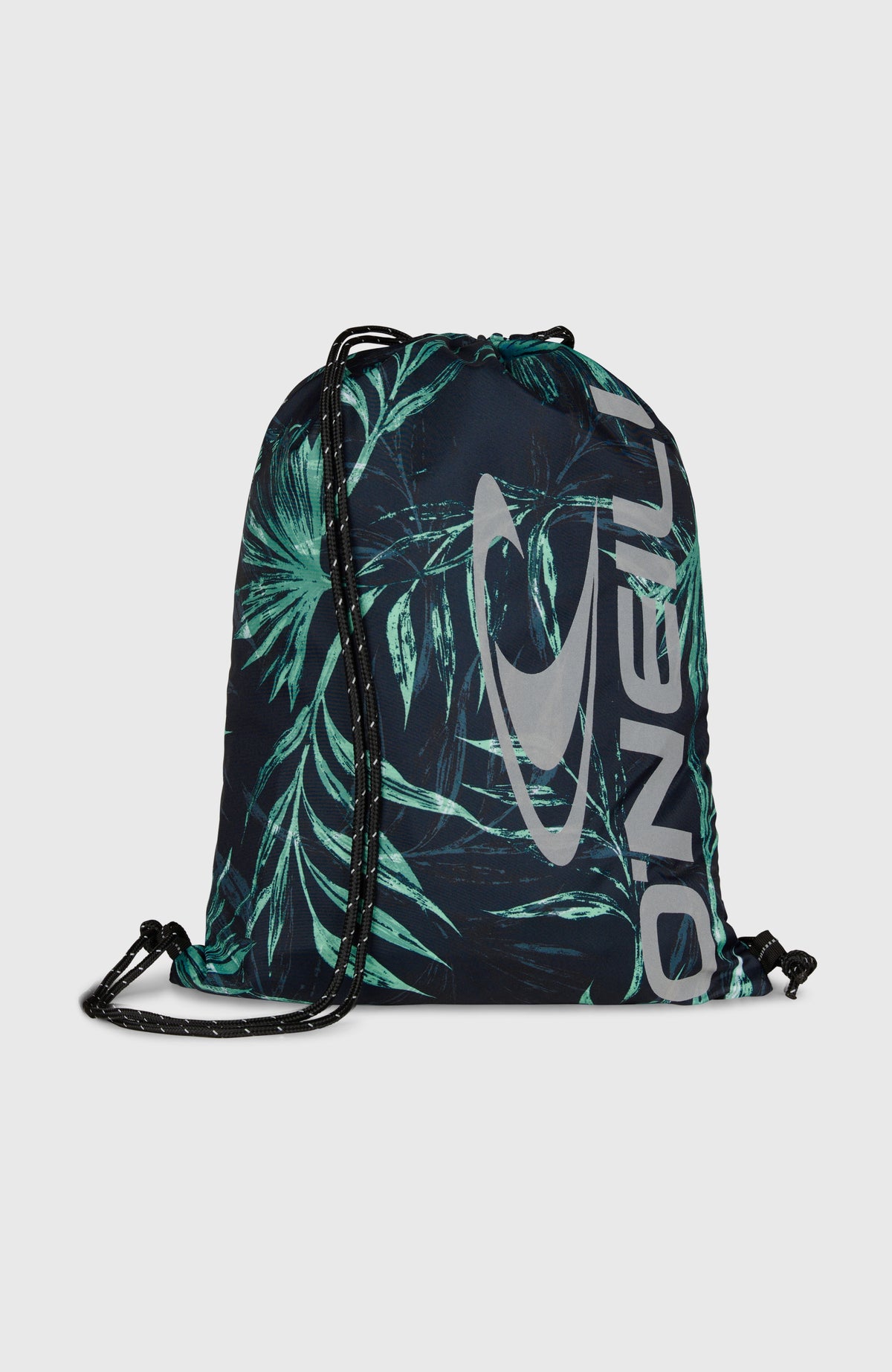 O'Neill Turnbeutel für Herren, blau mit Palmenmuster in Grün, freigestellt von vorne mit großem Logo-Print