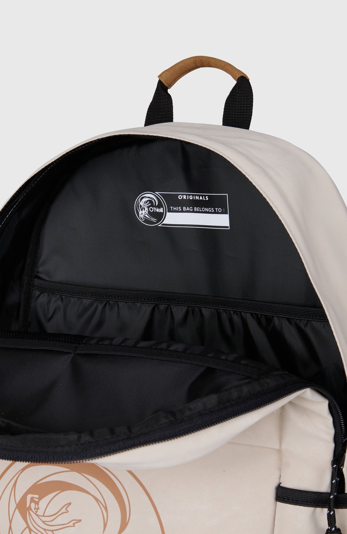 O'Riginals Circle Surfer Rucksack, beige mit Logo-Print in Braun, Detailansicht des geöffneten Innenfachs