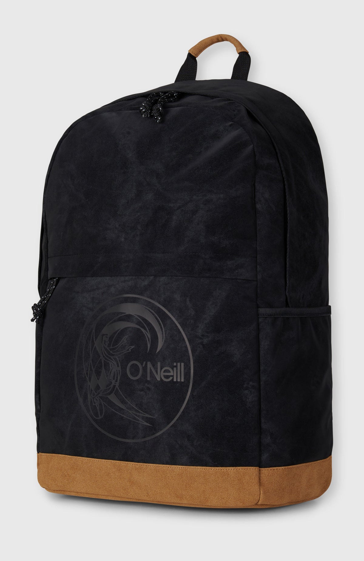 O'Riginals Circle Surfer Rucksack, schwarz, freigestellt von schräg vorne mit sichtbarem Tragegriff oben