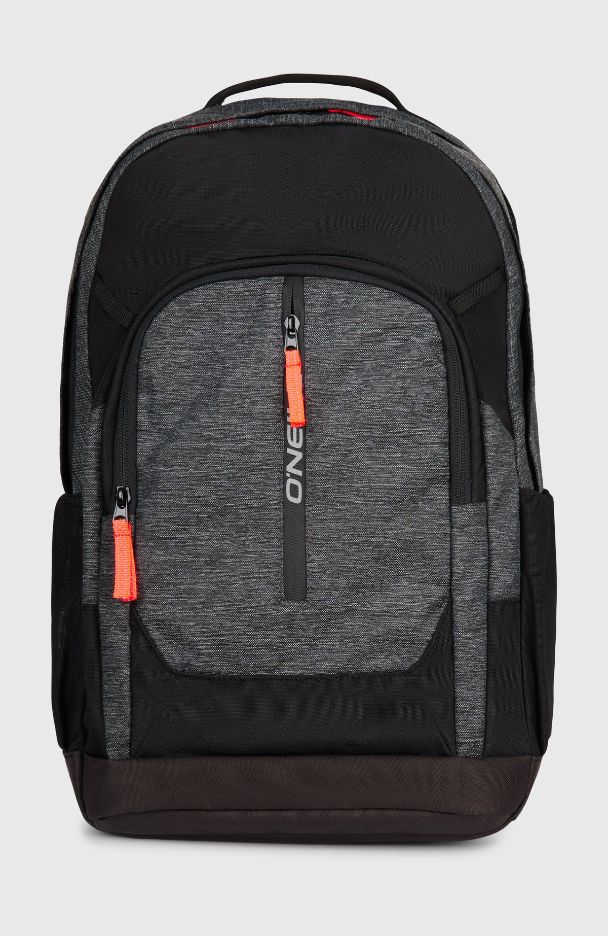 O'Neill President 32L Rucksack für Herren, grau, freigestellt von vorne, mit vertikaler Reißverschlusstasche
