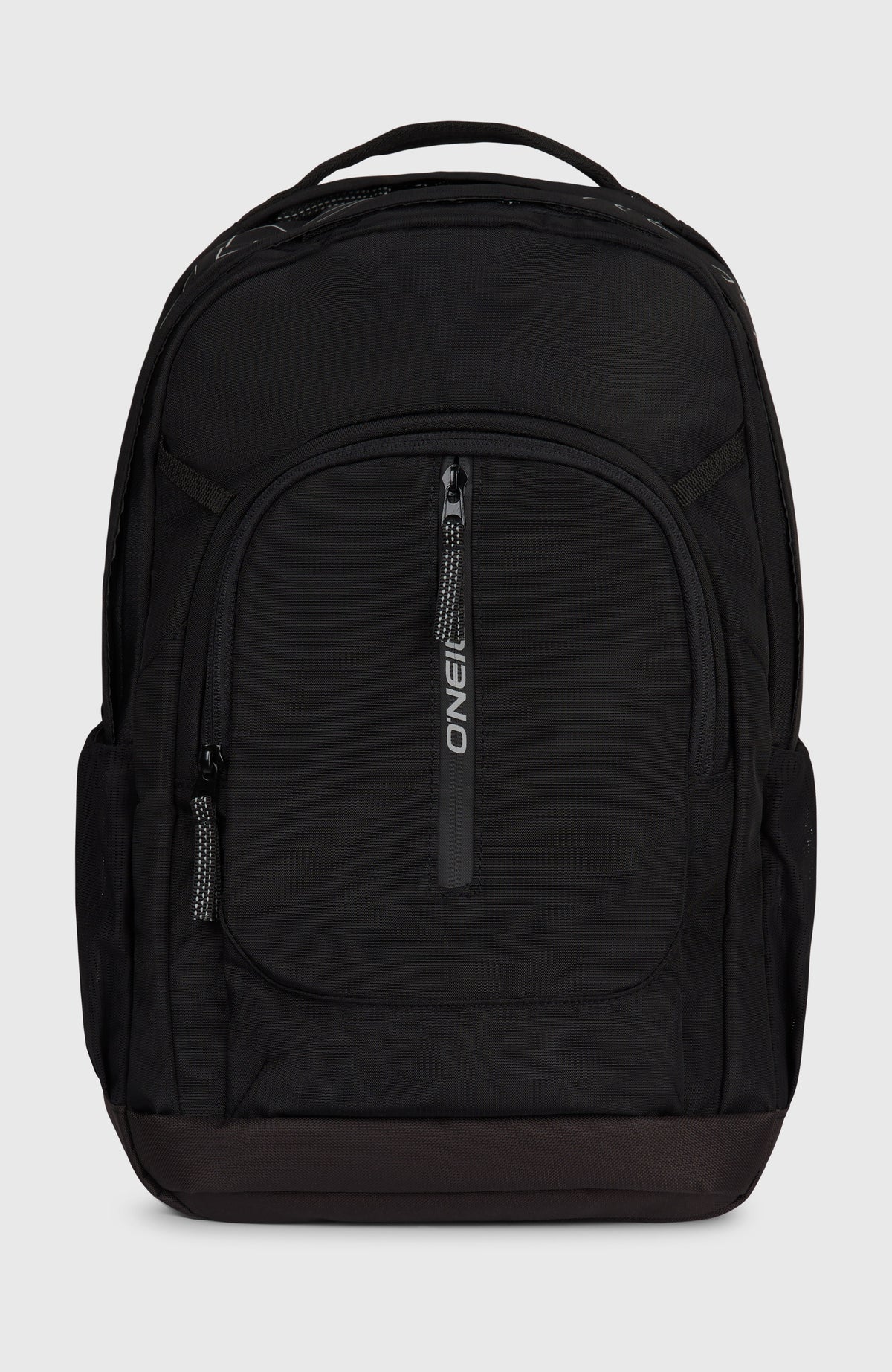 O'Neill President 26L Rucksack für Herren, schwarz, freigestellt von vorne mit Reißverschlussfach