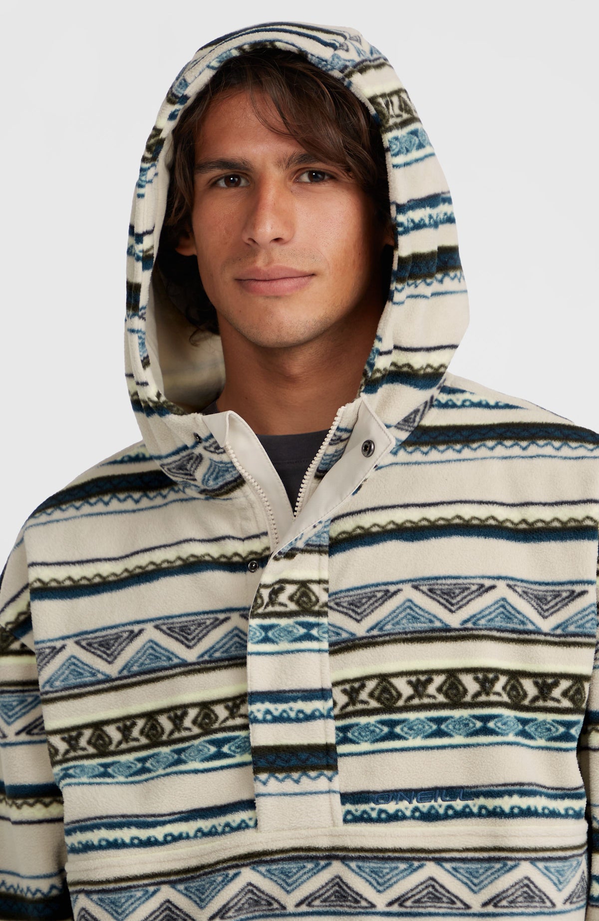 Superfleece Hoodie mit Halbreißverschluss | Grey Ikat Stripe
