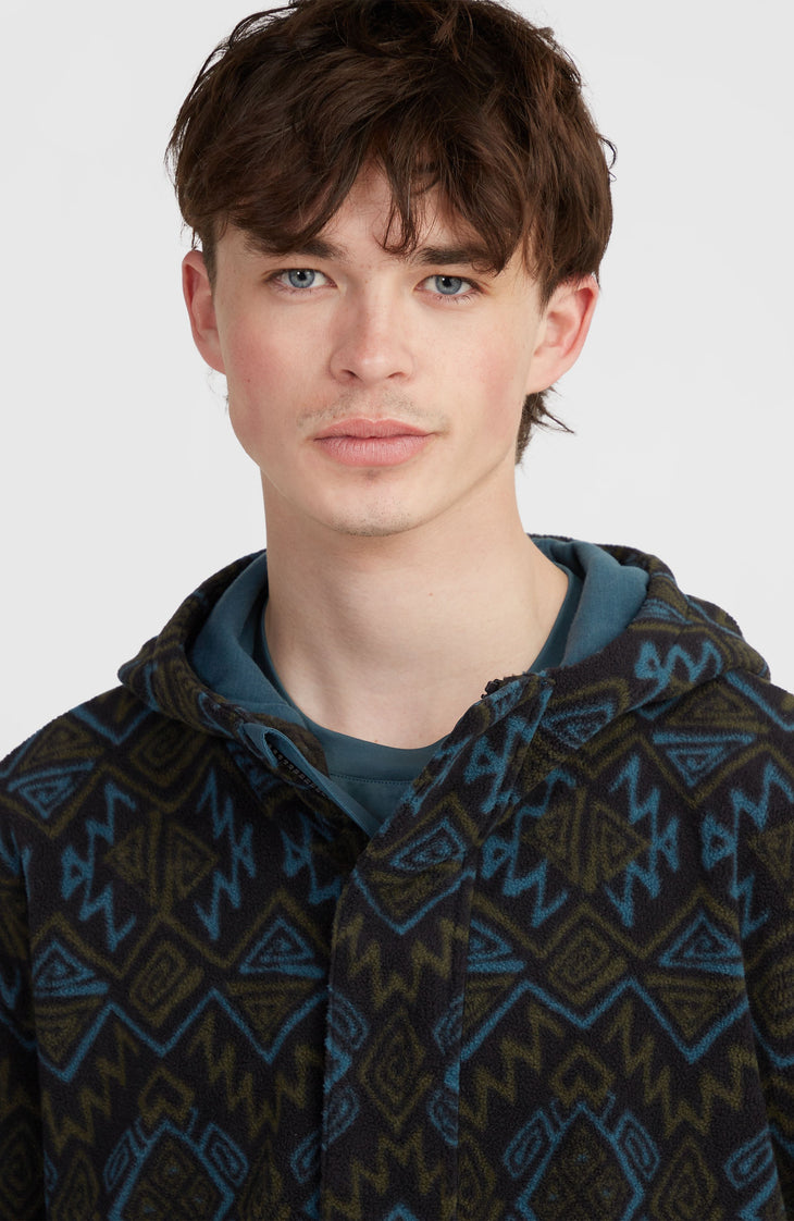Superfleece Hoodie mit Halbreißverschluss | Black Retro Ikat
