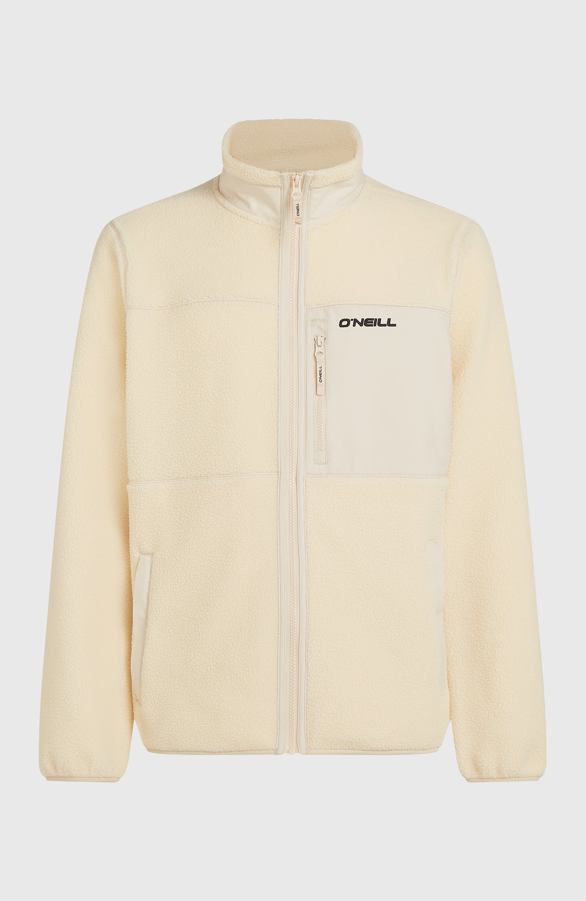 Flauschige Must-Have Fleecejacke für Herren, beige, freigestellt von vorne mit Stehkragen und Brusttasche