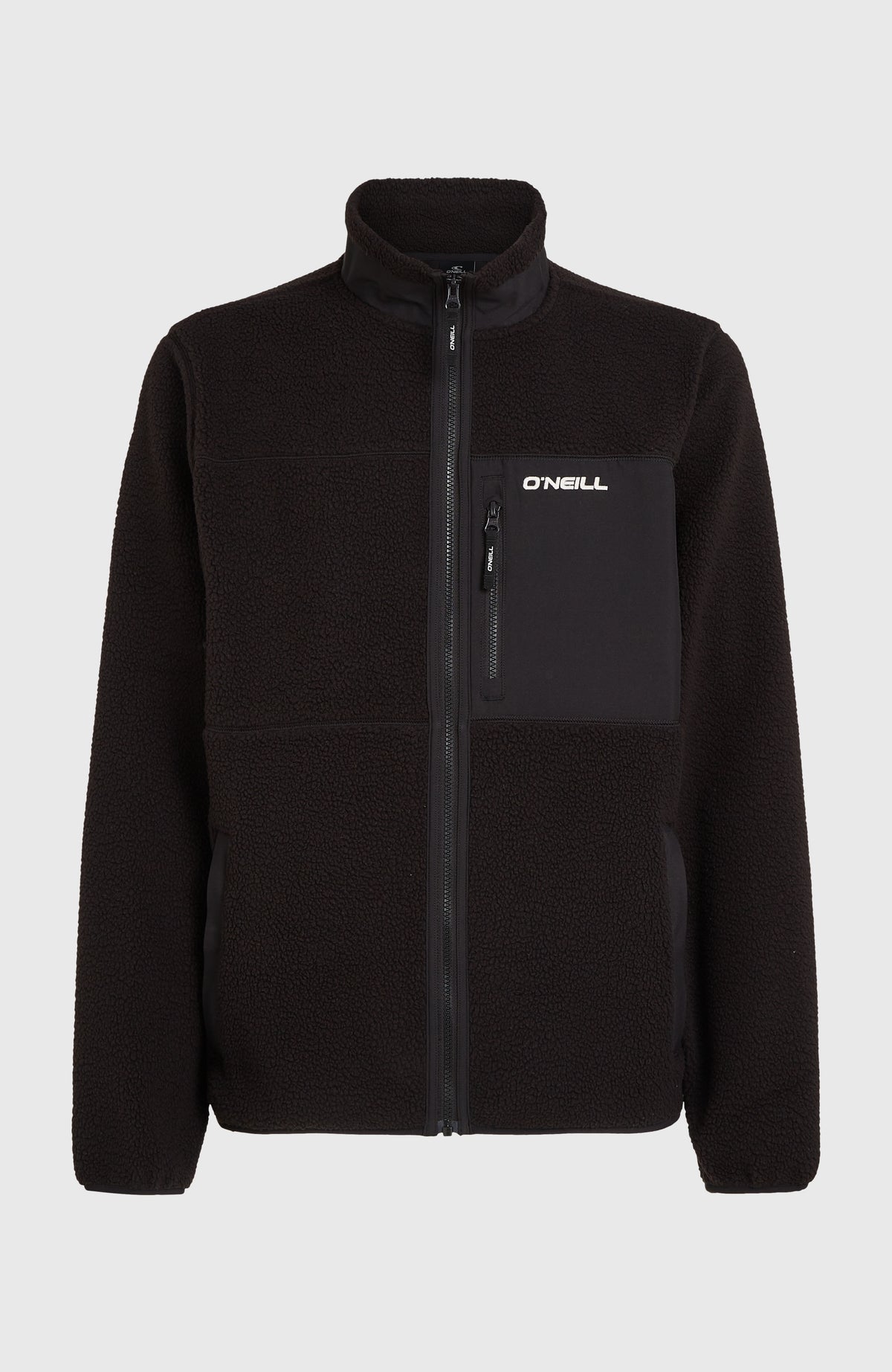 Flauschige Must-Have Fleecejacke für Herren, schwarz, freigestellt von vorne mit Stehkragen