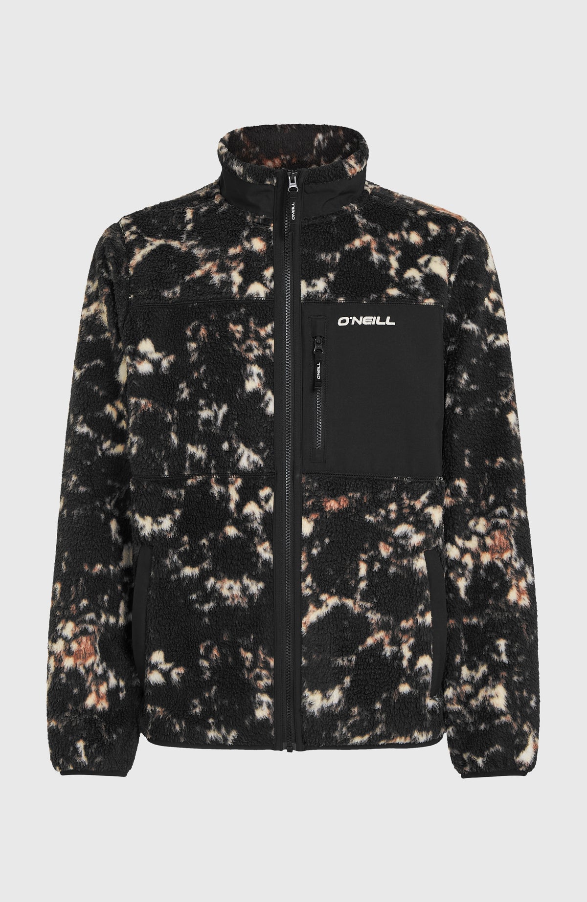 Flauschige Must-Have Fleecejacke für Herren, schwarz mit Muster in Beige, freigestellt von vorne