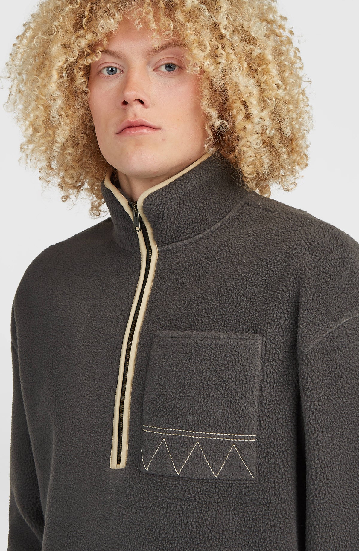 O'Riginals Fleecepullover, grau, Nahaufnahme von Stehkragen, Reißverschluss und Brusttasche