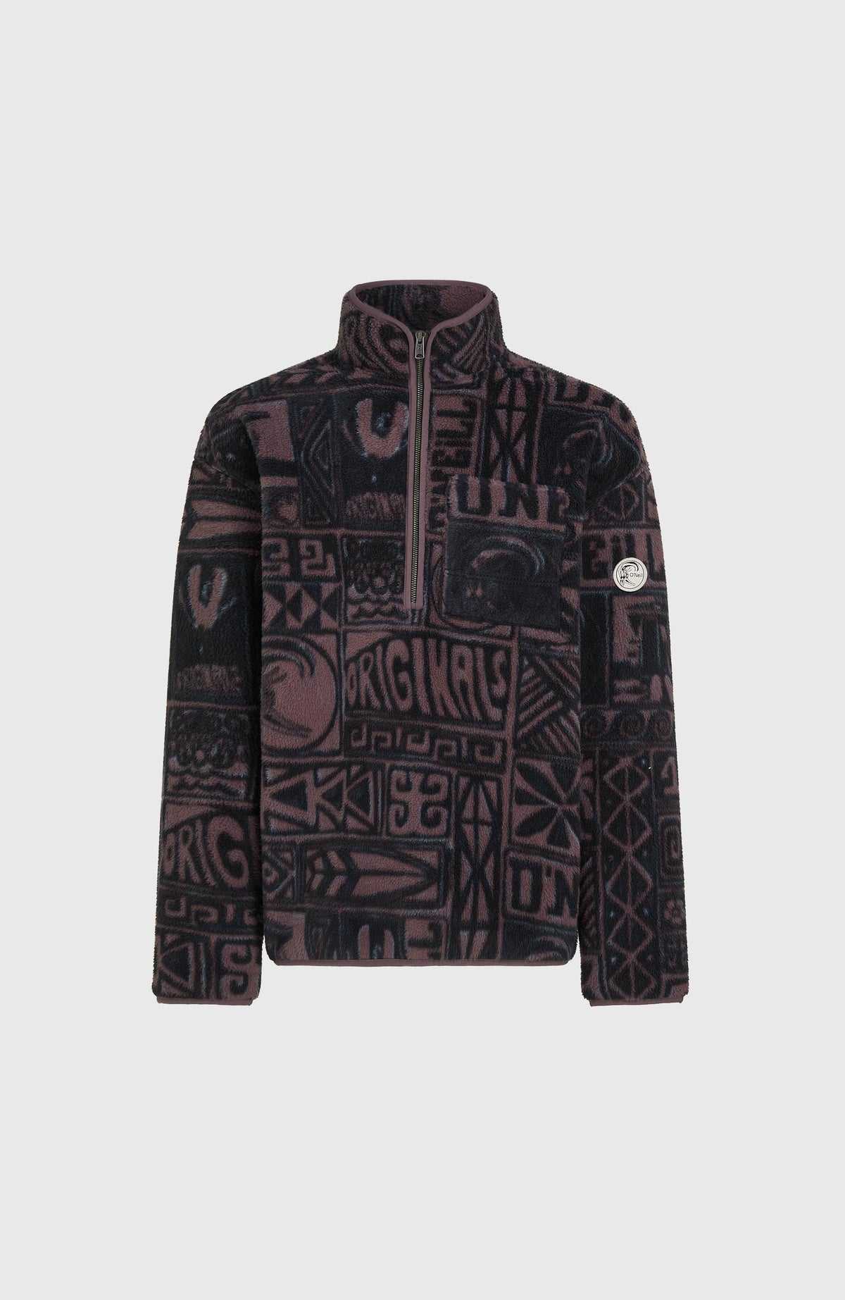 O'Riginals Fleecepullover für Herren, lila mit Grafikmuster in Schwarz, freigestellt von vorne mit Stehkragen