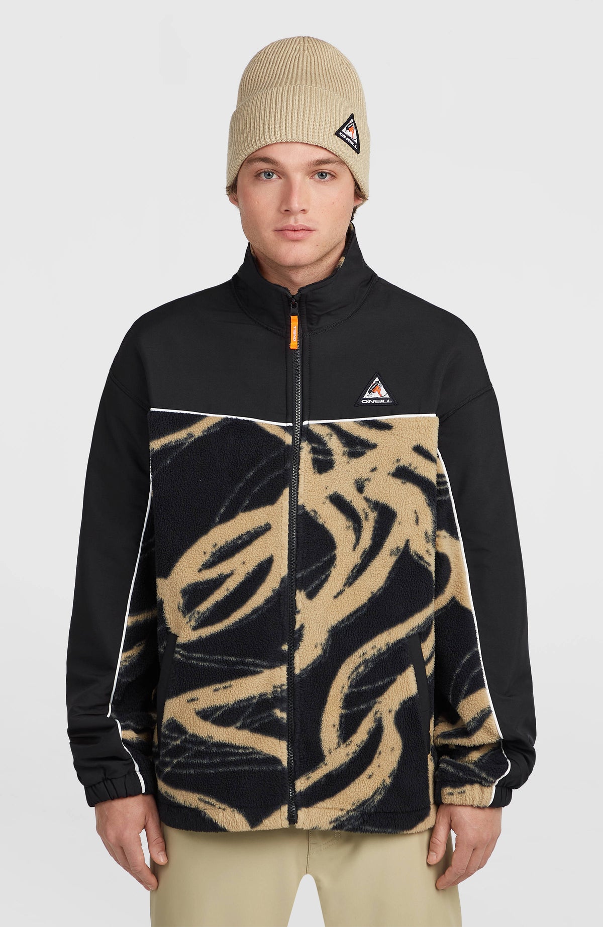 O'Neill FWC'Play Hyperfleece-Jacke mit Reißverschluss für Herren, beige mit Grafikmuster in Schwarz, Vorderansicht