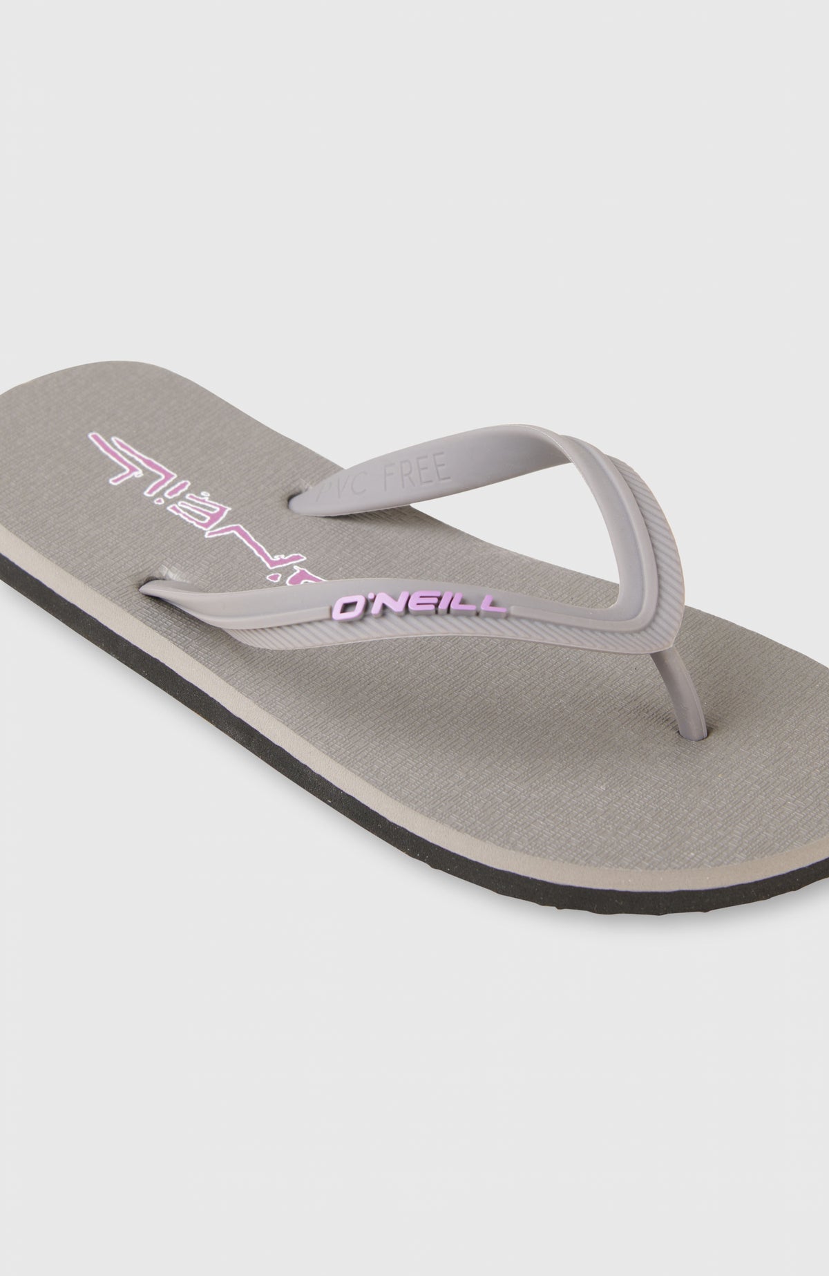 Profile Artwork Sandalen für Herren, grau mit Logo-Print in Rosa, Nahaufnahme von Riemen und Zehensteg