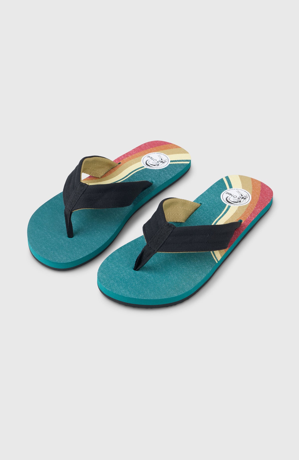 O'Neill O'Riginals Sandalen für Herren, grün mit Streifenmuster in Gelb und Rot, freigestellt von schräg oben