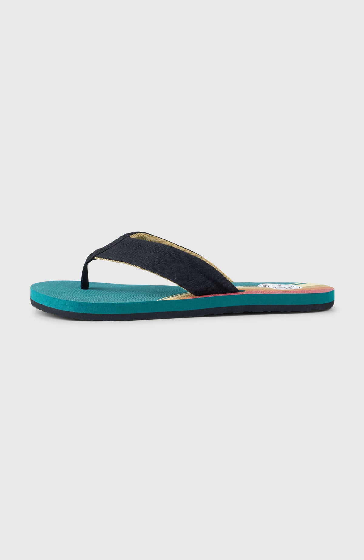 O'Riginals Sandalen für Herren, grün mit Streifenmuster in Gelb und Rot, freigestellt in Seitenansicht