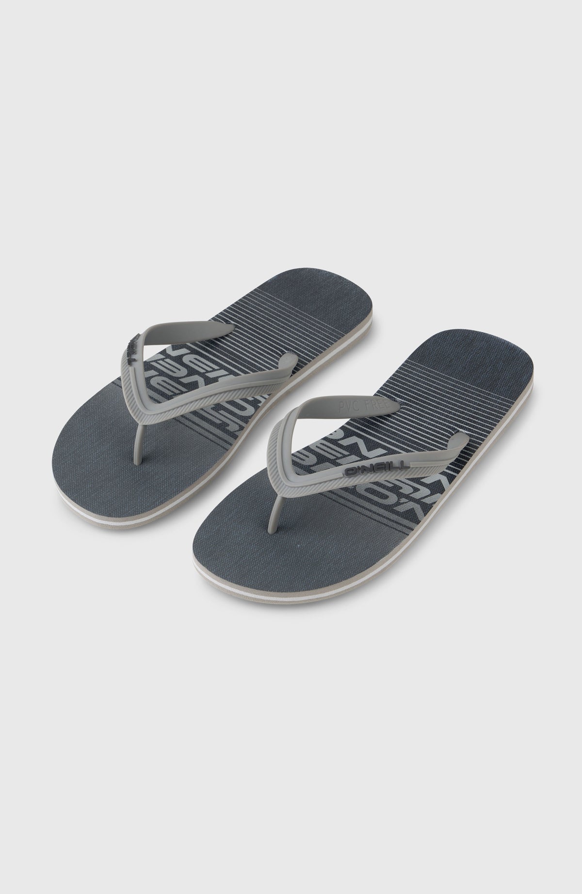 O'Neill Profile Graphic Sandalen für Herren, schwarz mit Streifenmuster in Grau, freigestellt von schräg oben