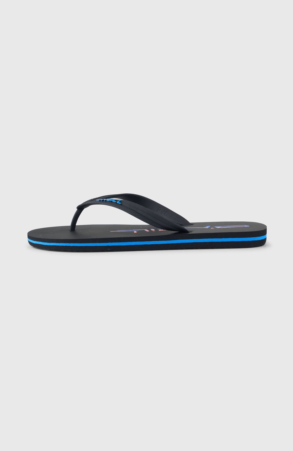 Profile Retro Sandalen für Herren, schwarz, freigestellt von der Seite mit blauem Streifen an der Sohle