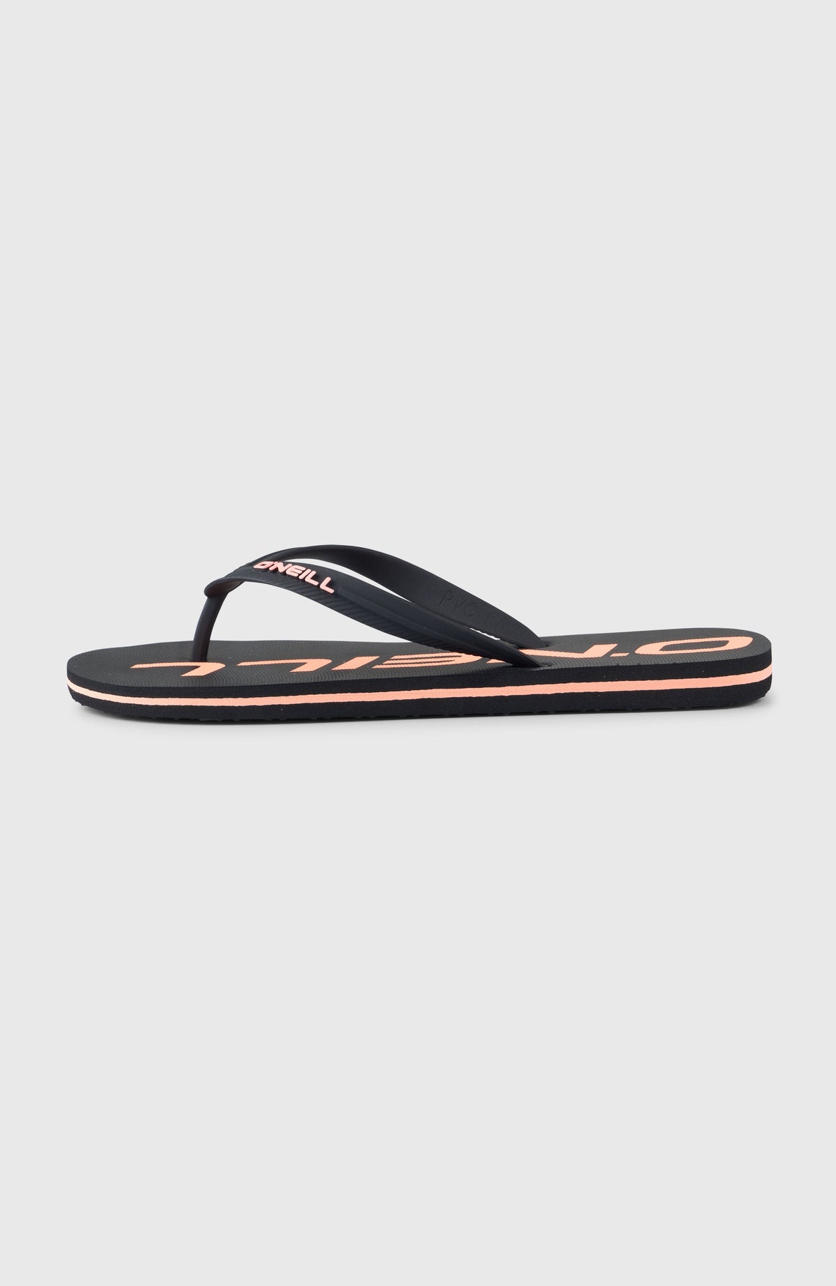 Profile Logo Sandalen für Herren, schwarz, freigestellt in der Seitenansicht, Sohle mit orangem Streifen
