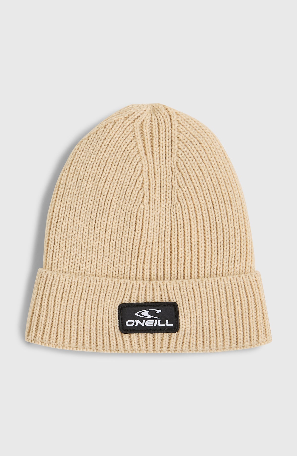 O'Neill Bouncer Beanie für Herren, beige, Vorderansicht mit Logo-Aufnäher am Umschlag