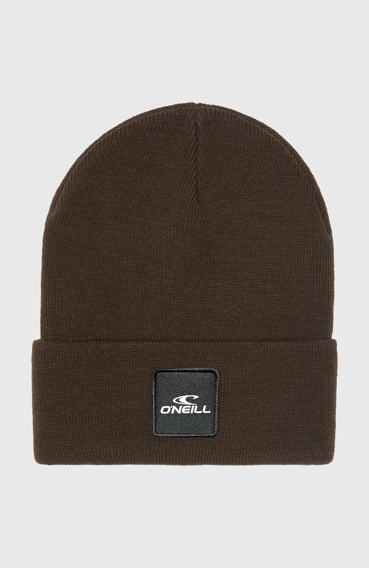 O'Neill Snow Beanie für Herren, braun, freigestellt in Vorderansicht mit breitem Umschlag und Logo-Patch