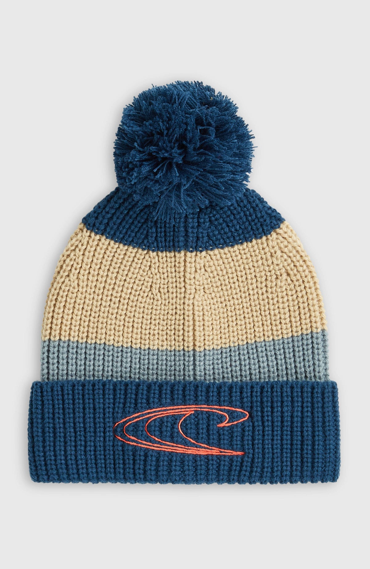 O'Neill Powder Beanie für Herren, blau mit Streifenmuster in Beige und Grau, freigestellt mit Bommel und Logo-Stickerei