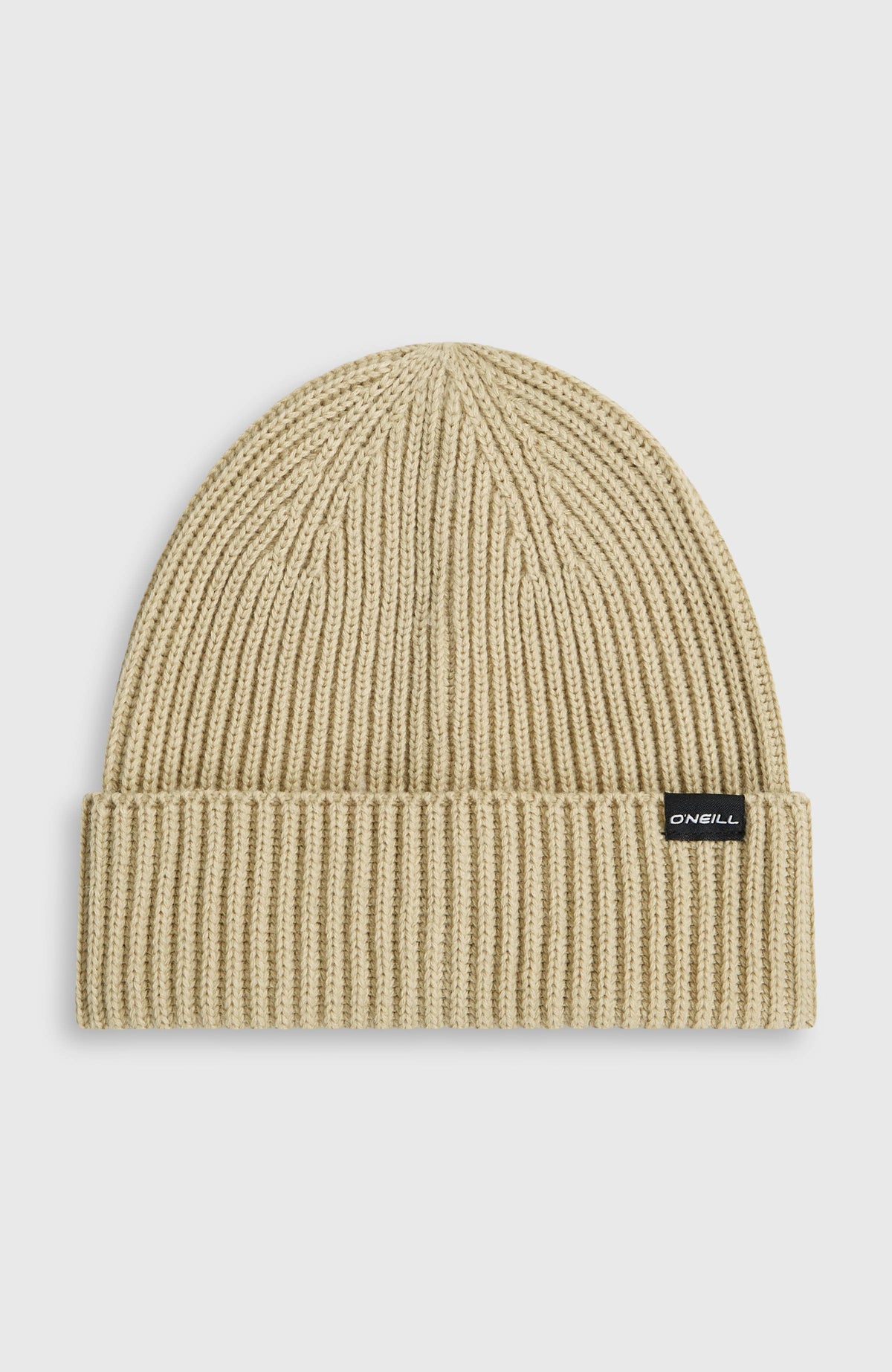 O'Neill Texture Beanie für Herren in Beige, freigestellt von vorne, Rippstrick mit Logo-Label am Umschlag