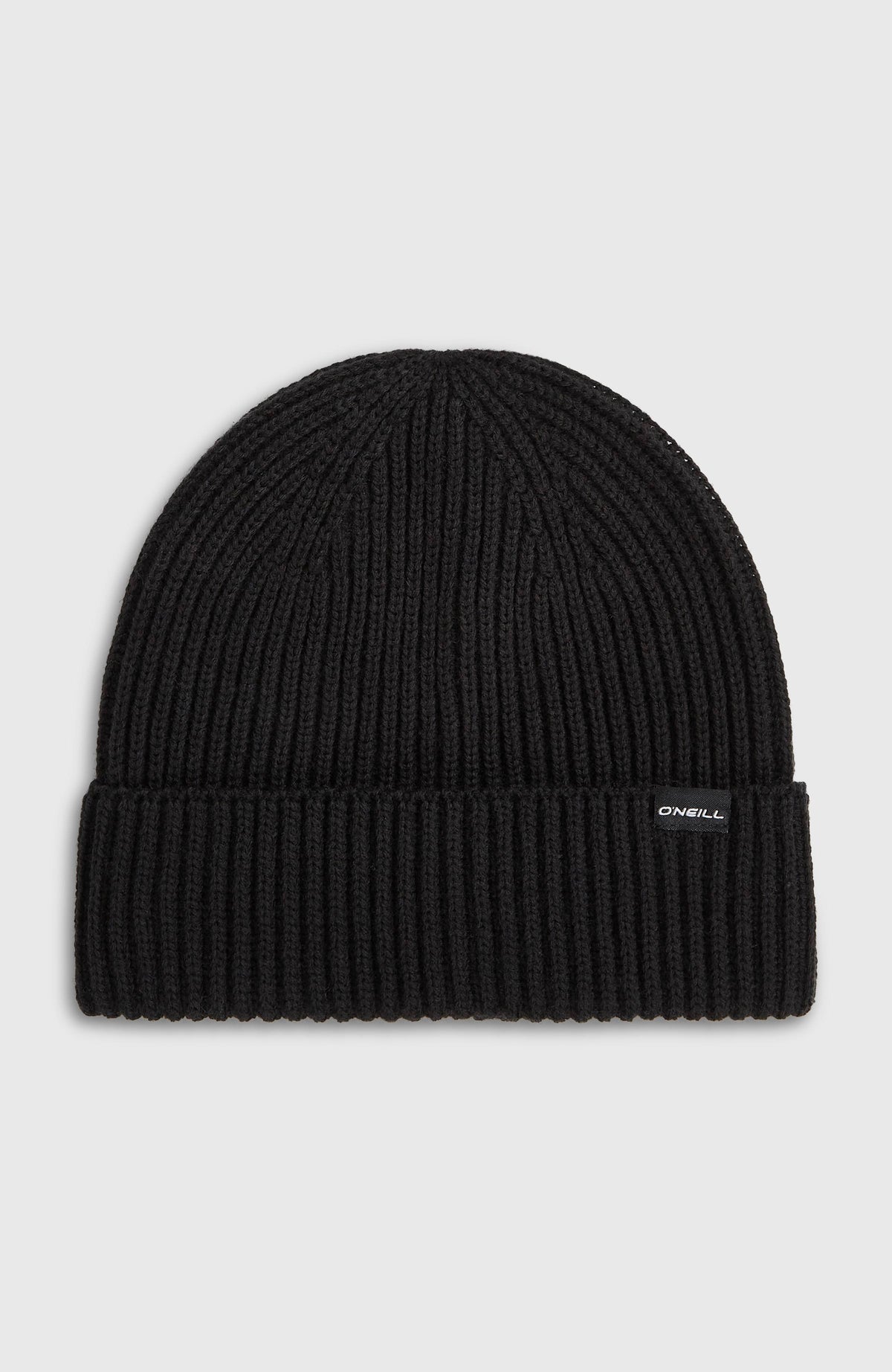 O'Neill Texture Beanie für Herren, schwarz, freigestellt von vorne mit kleinem Logo-Label am Umschlag