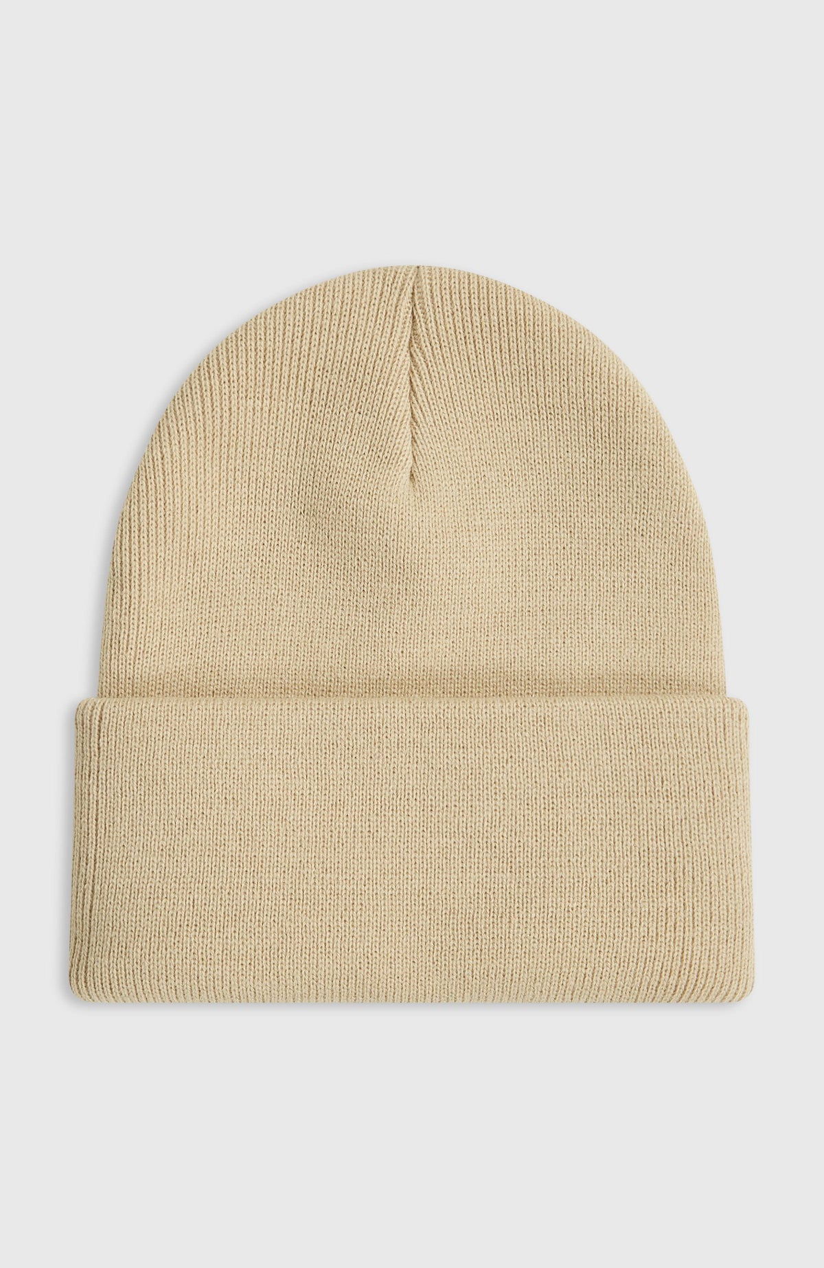 Logo Beanie für Herren, beige, freigestellt von hinten, Umschlag an der Rückseite