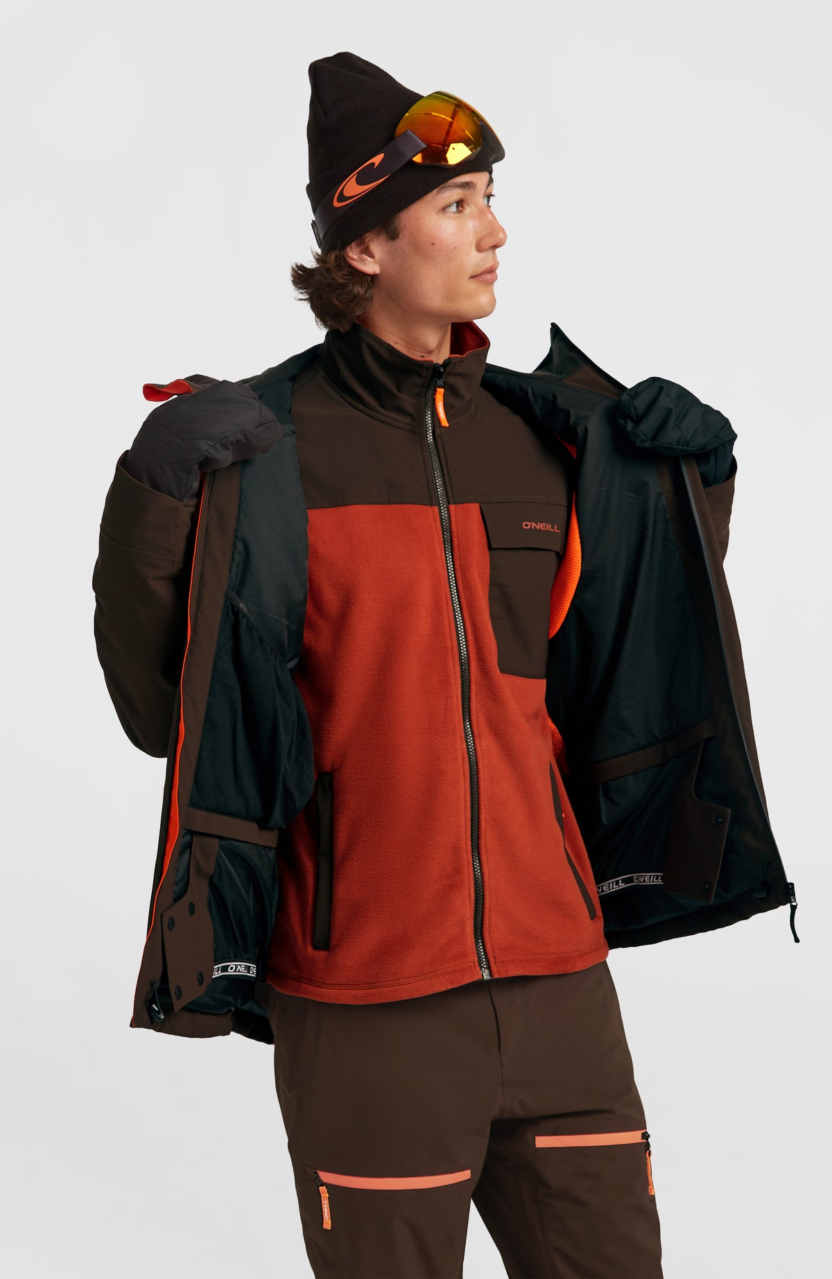 FWC'Peak Fire Skijacke für Herren, rot, Vorderansicht am Model mit geöffneter Jacke