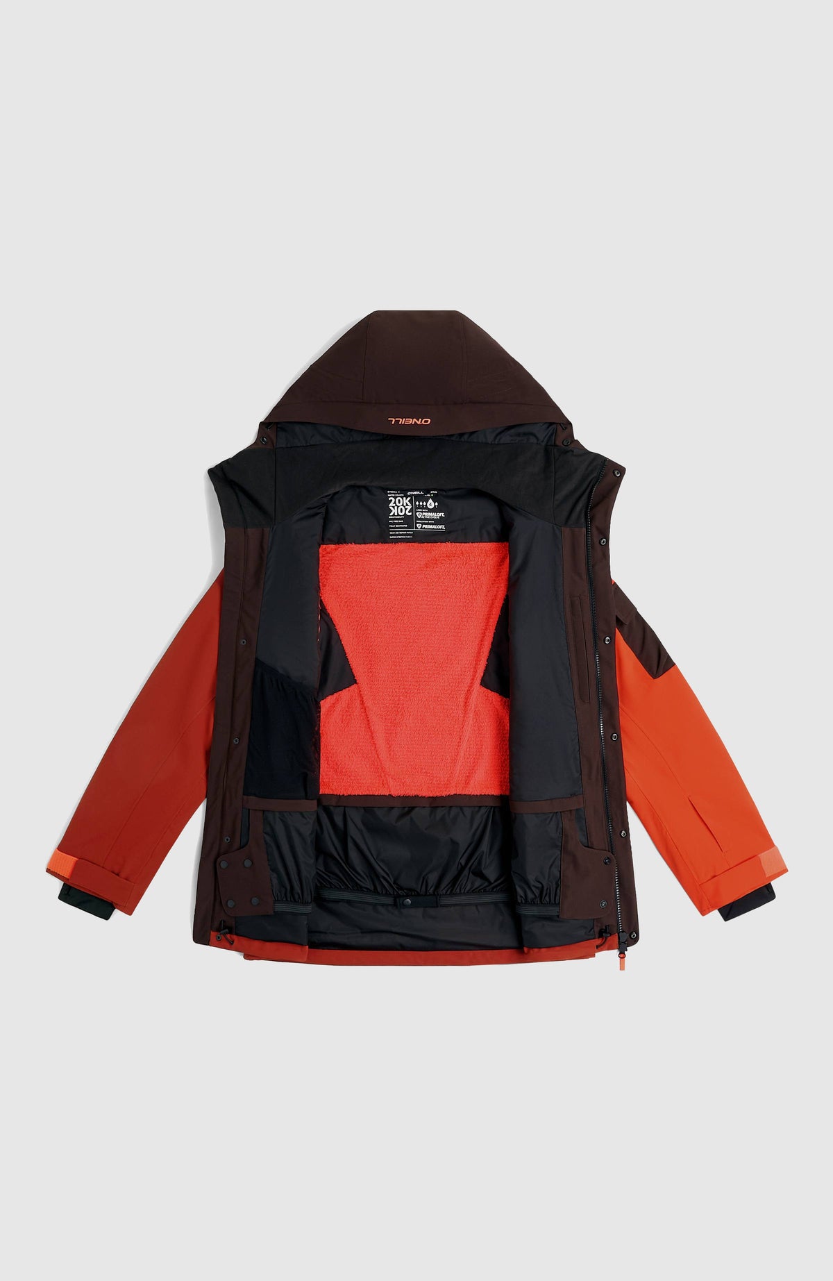 FWC'Peak Pro Skijacke für Herren, orange, flach liegend in geöffneter Ansicht mit Innenfutter und Schneefang