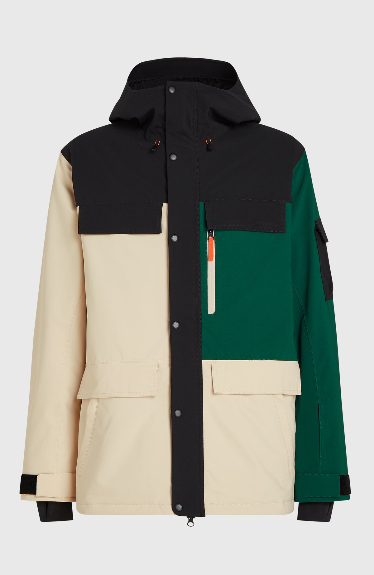 FWC'Peak Pro Skijacke für Herren, beige, freigestellt von vorne mit Reißverschluss und Taschen