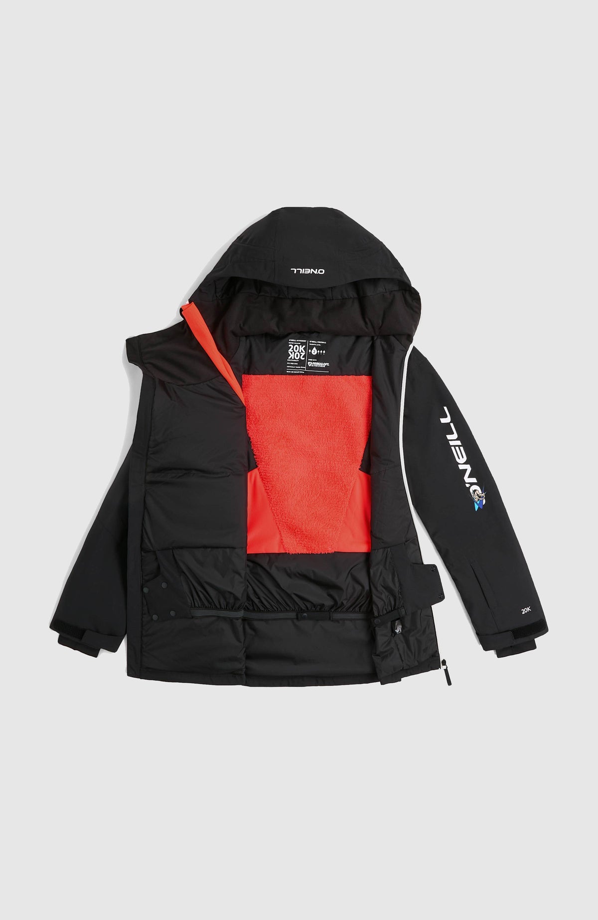 Schwarze FWC'Play Asymmetric Jacke, flach liegend von vorne, geöffnet mit orangefarbenem Innenfutter