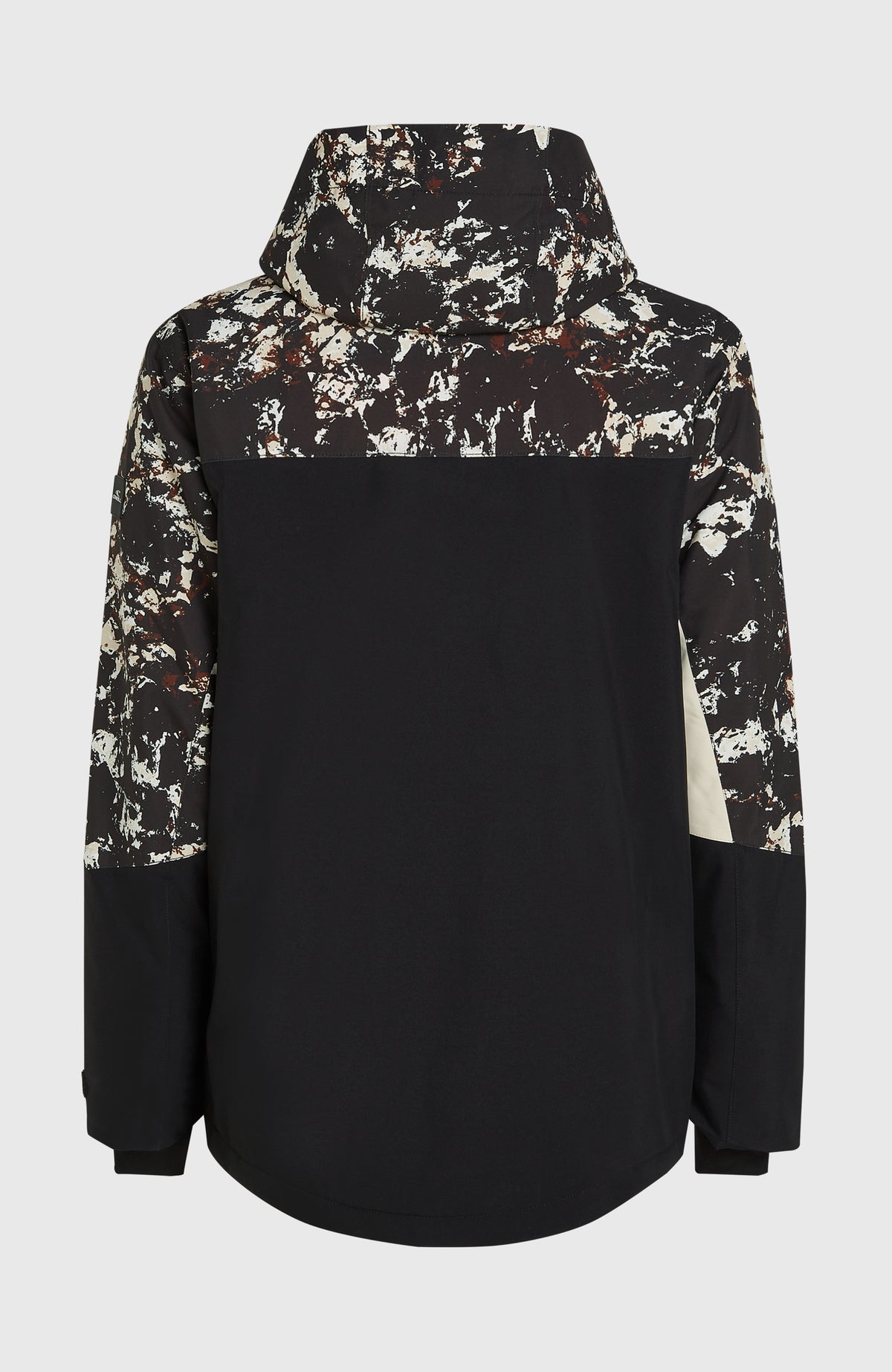 Schwarze FWC'Cruz Triple Skijacke für Herren mit Allover-Muster in Beige, freigestellt von hinten mit Kapuze
