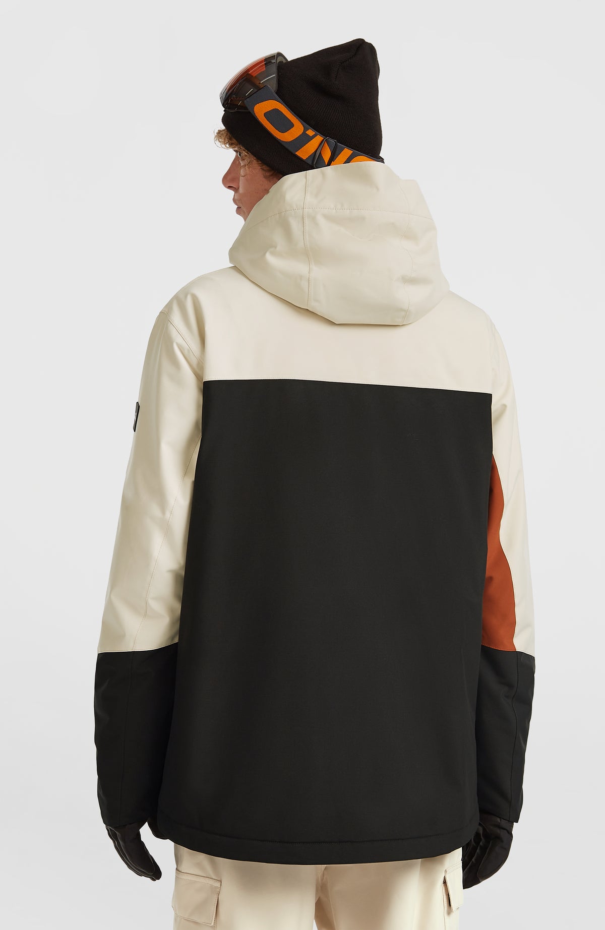 FWC'Cruz Triple Skijacke für Herren, beige, getragen am Model, Rückansicht mit Kapuze und Farbblockdesign